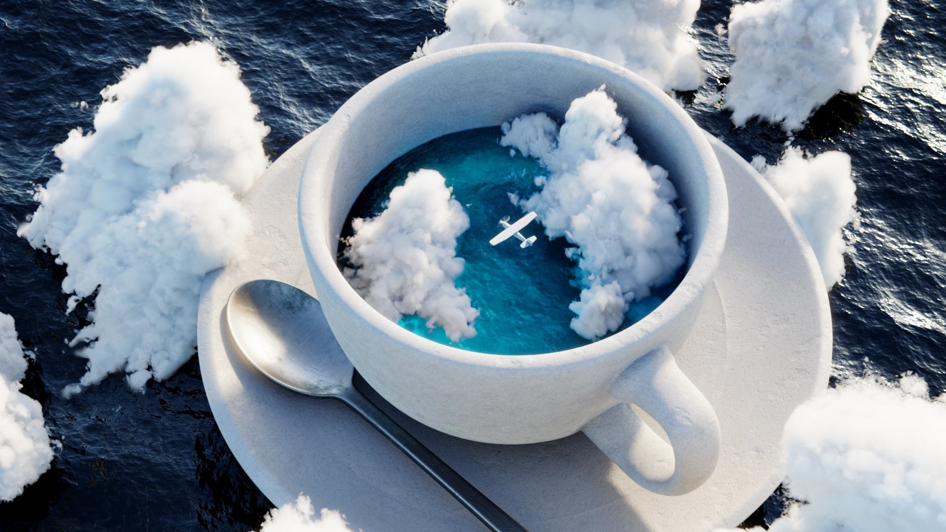 A surreal dreamscape of clouds and ocean in a teacup HD Wallpaper