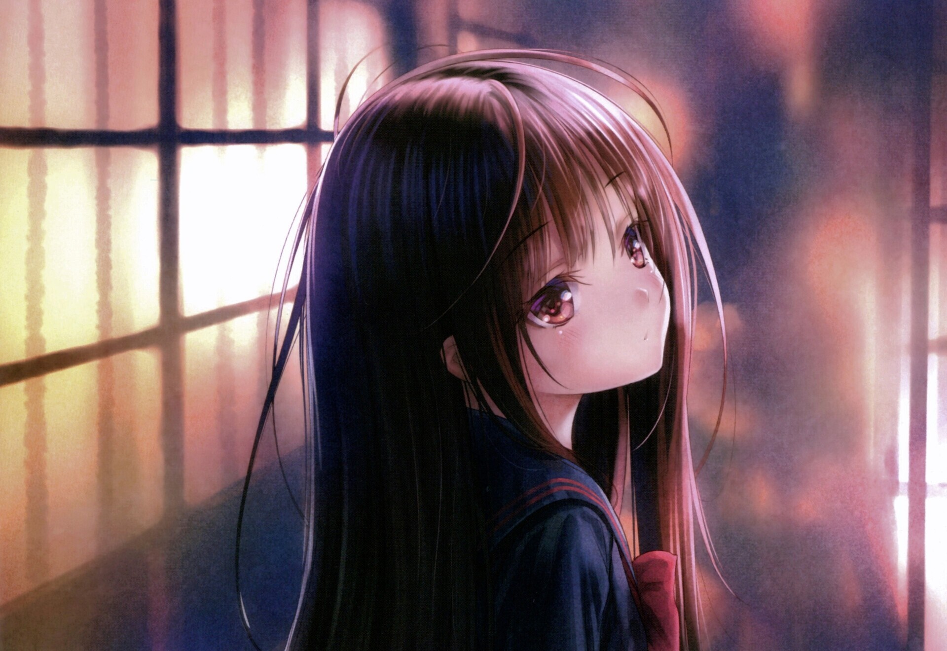 Anime girl with long brown hair looking up HD Wallpaper