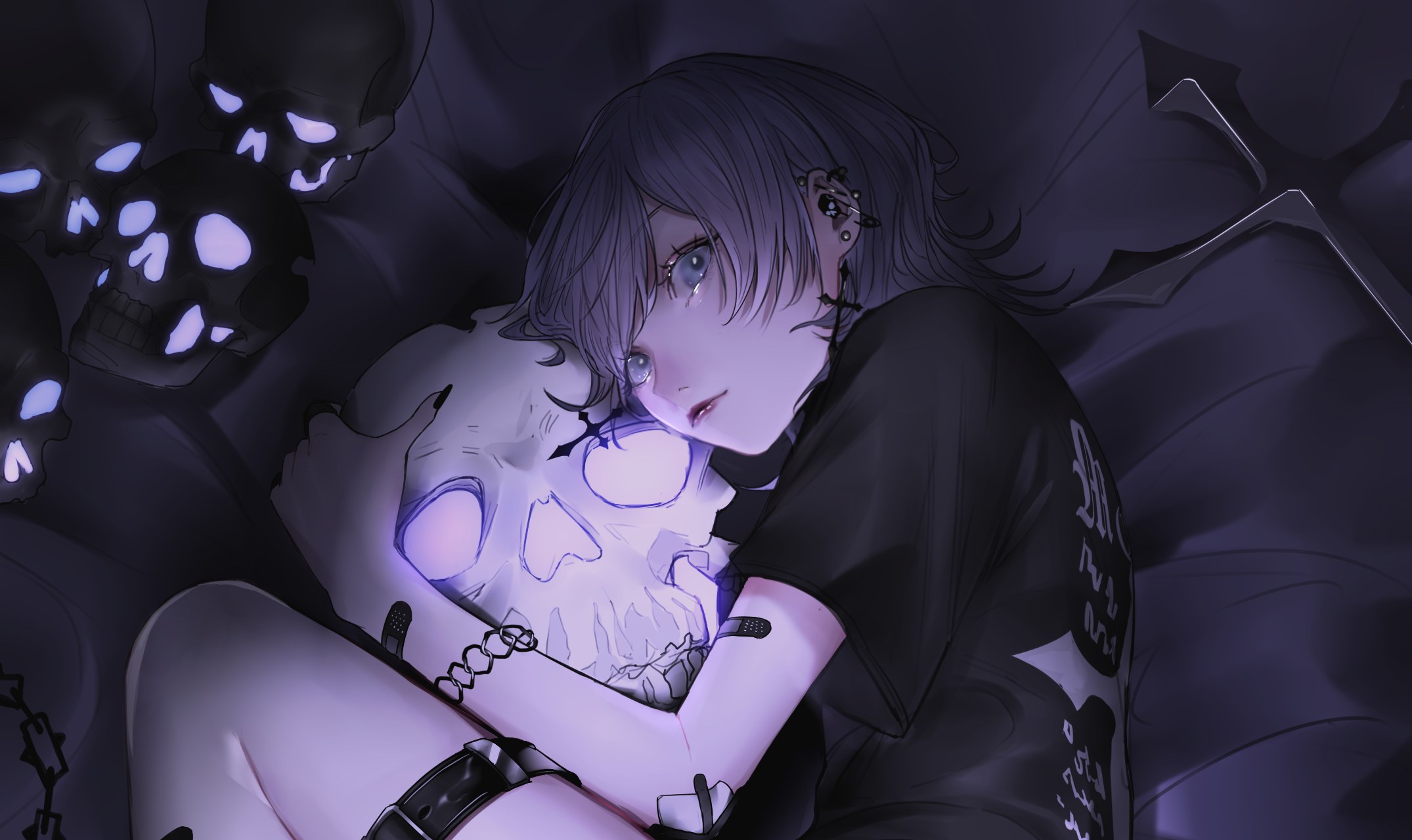Girl with short hair hugging a skull HD Wallpaper