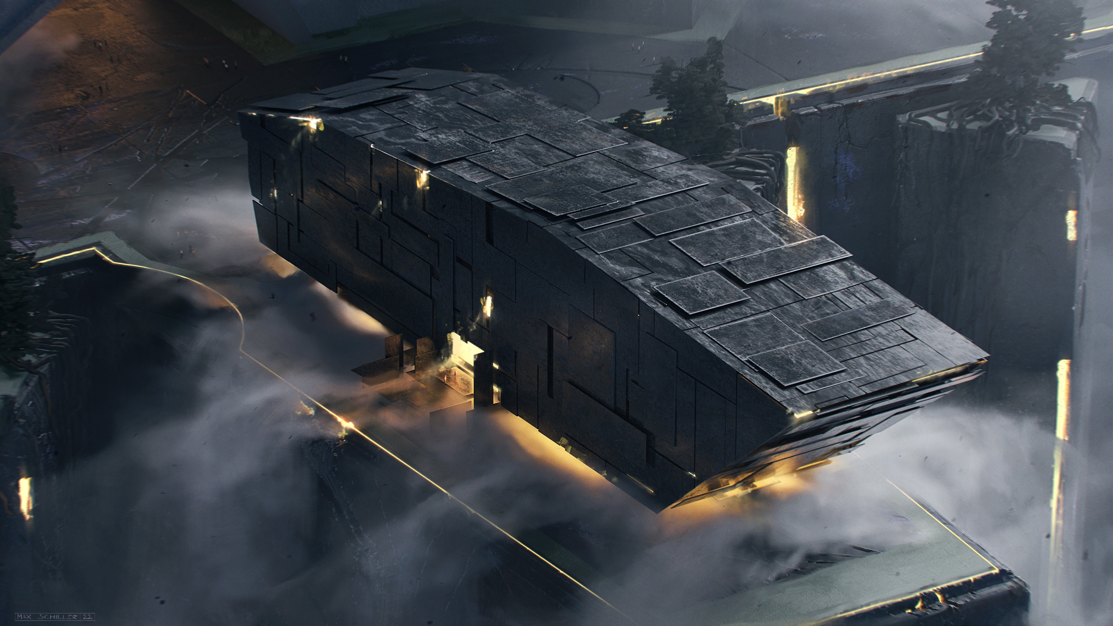 Dark Futuristic Structure Above Misty Landscape HD Wallpaper