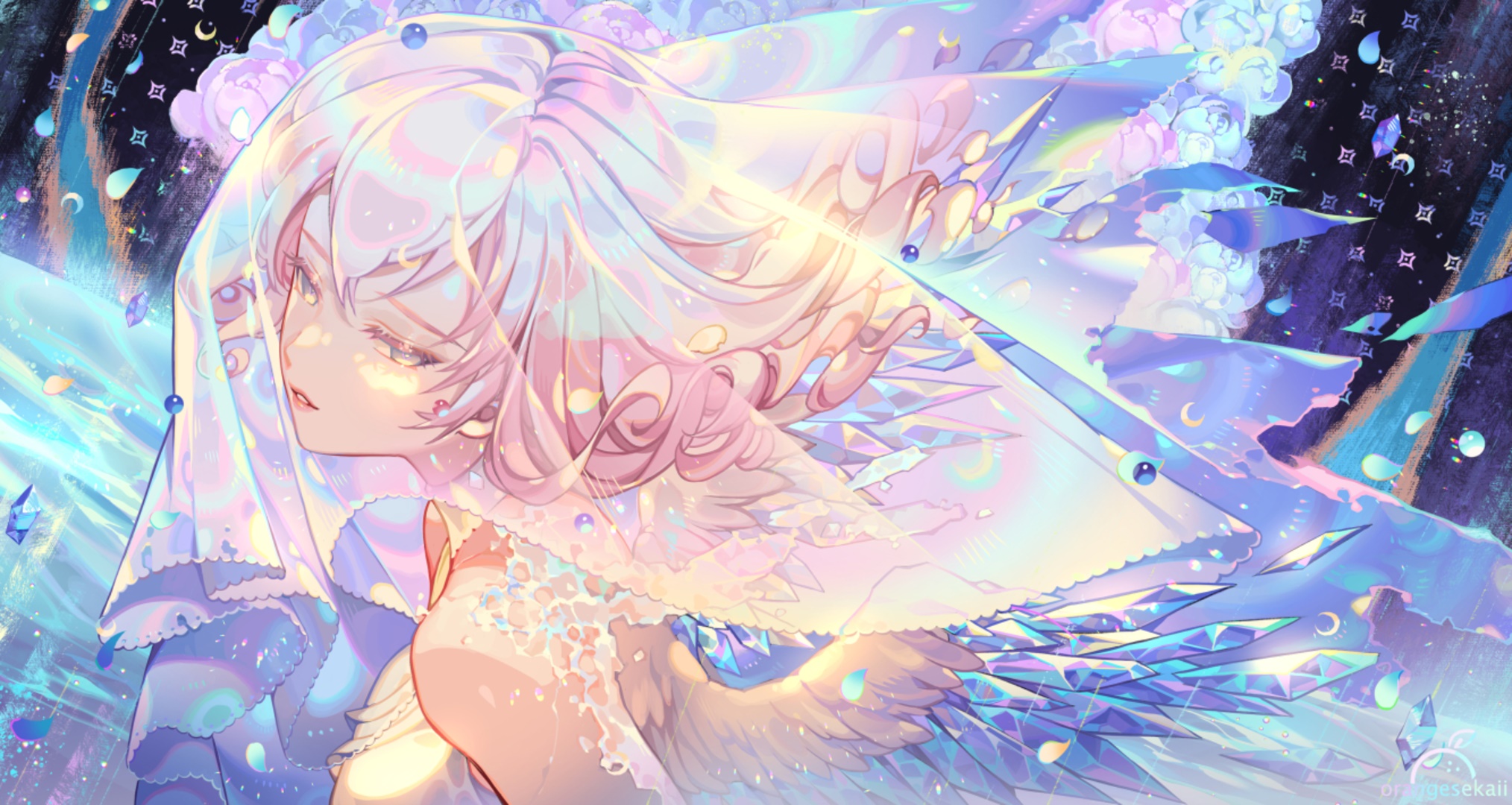 Angel with iridescent wings and veil HD Wallpaper