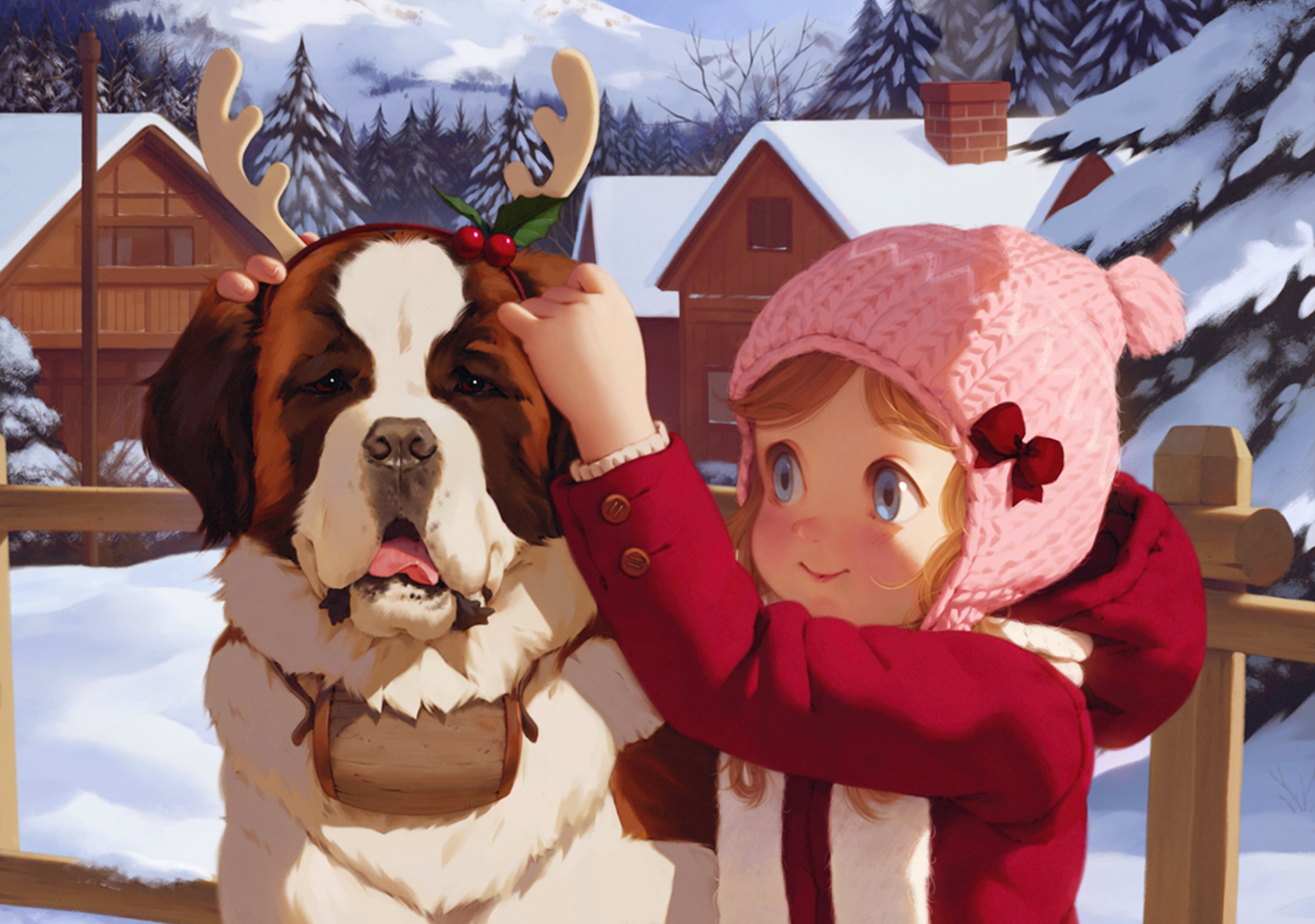 Girl in red coat with St. Bernard dog in snow HD Wallpaper