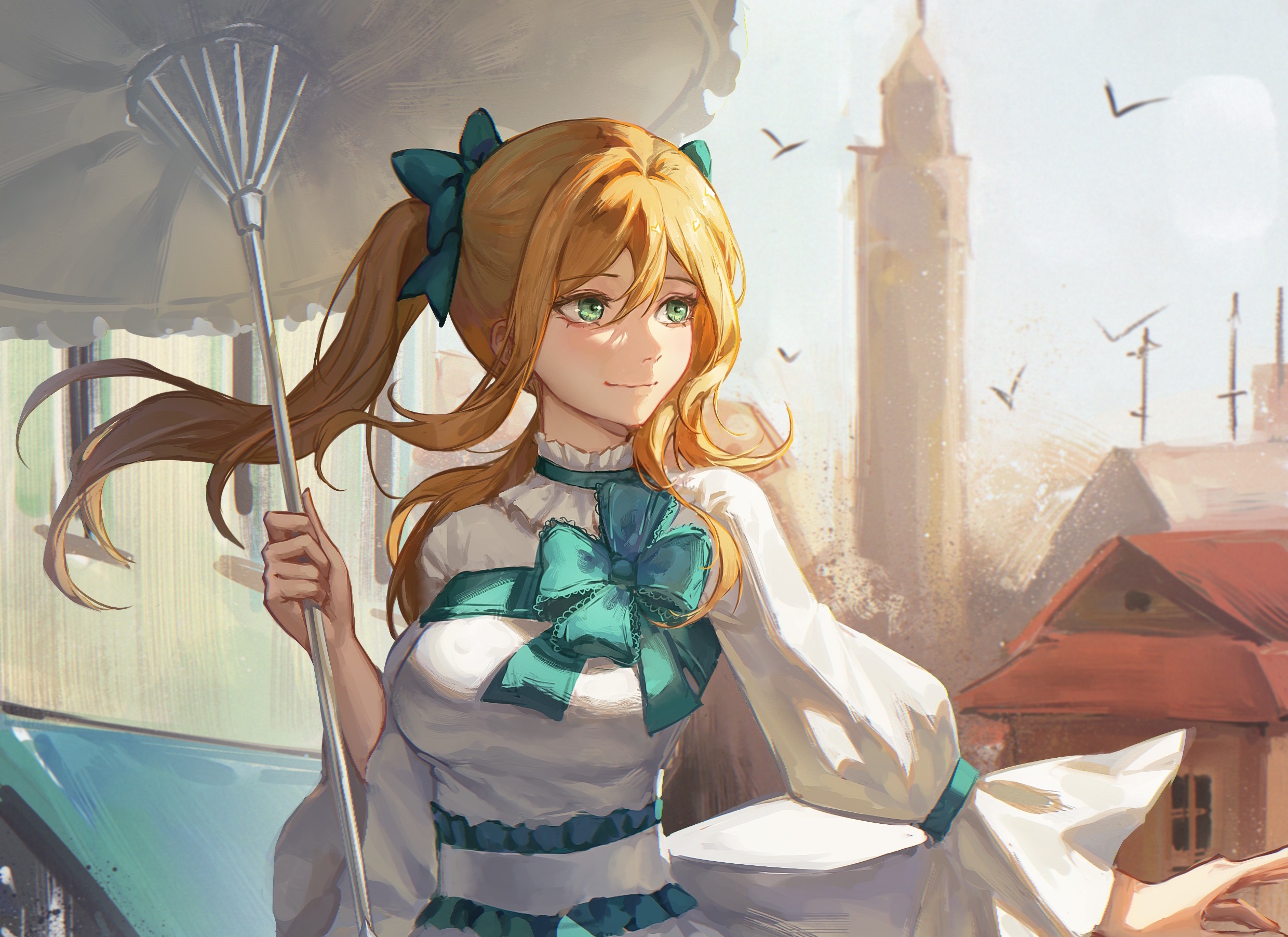 Girl with Green Eyes and Umbrella HD Wallpaper