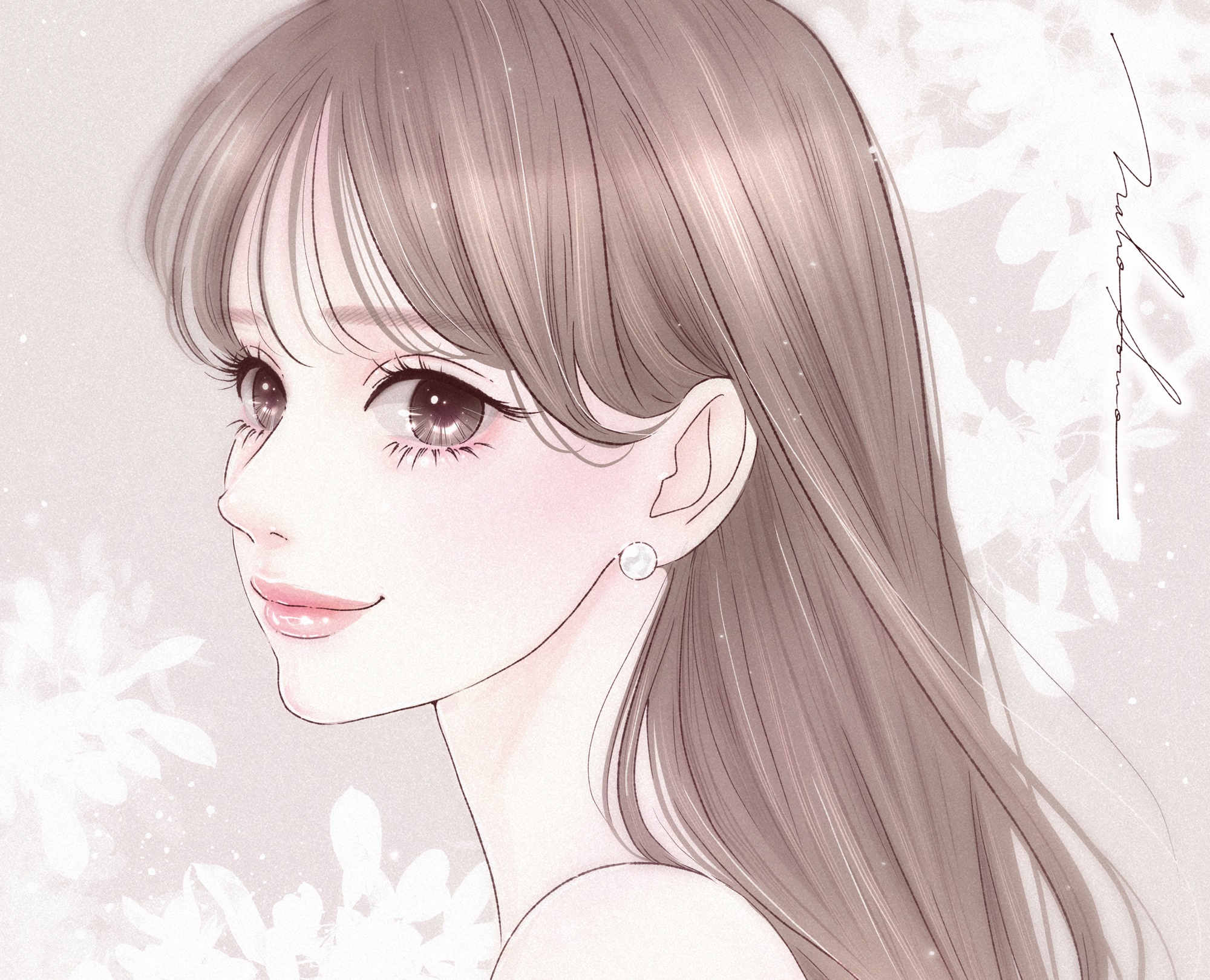 Anime girl with long brown hair and pearl earring HD Wallpaper