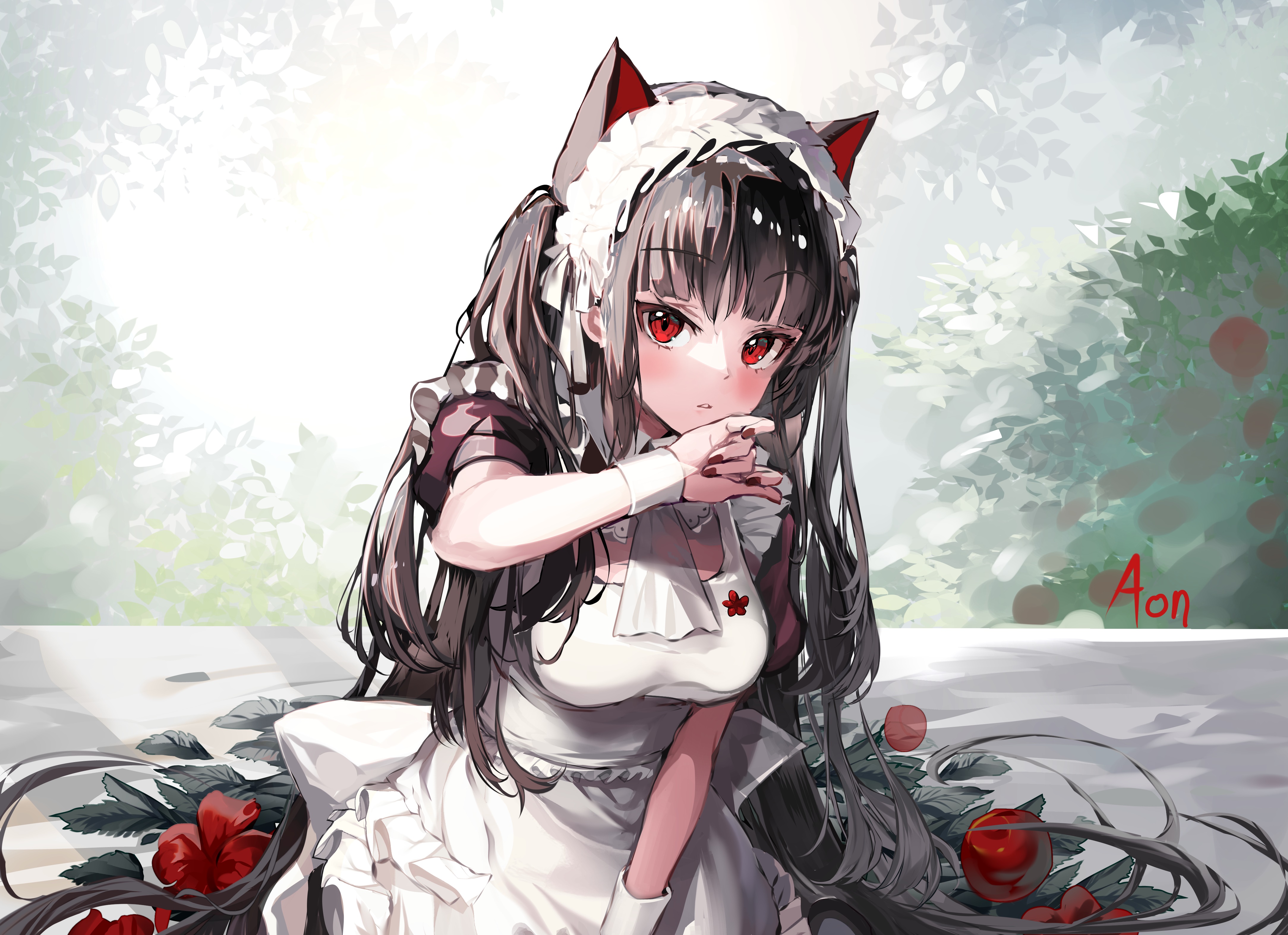 Girl with Animal Ears and Red Eyes in Maid Outfit HD Wallpaper