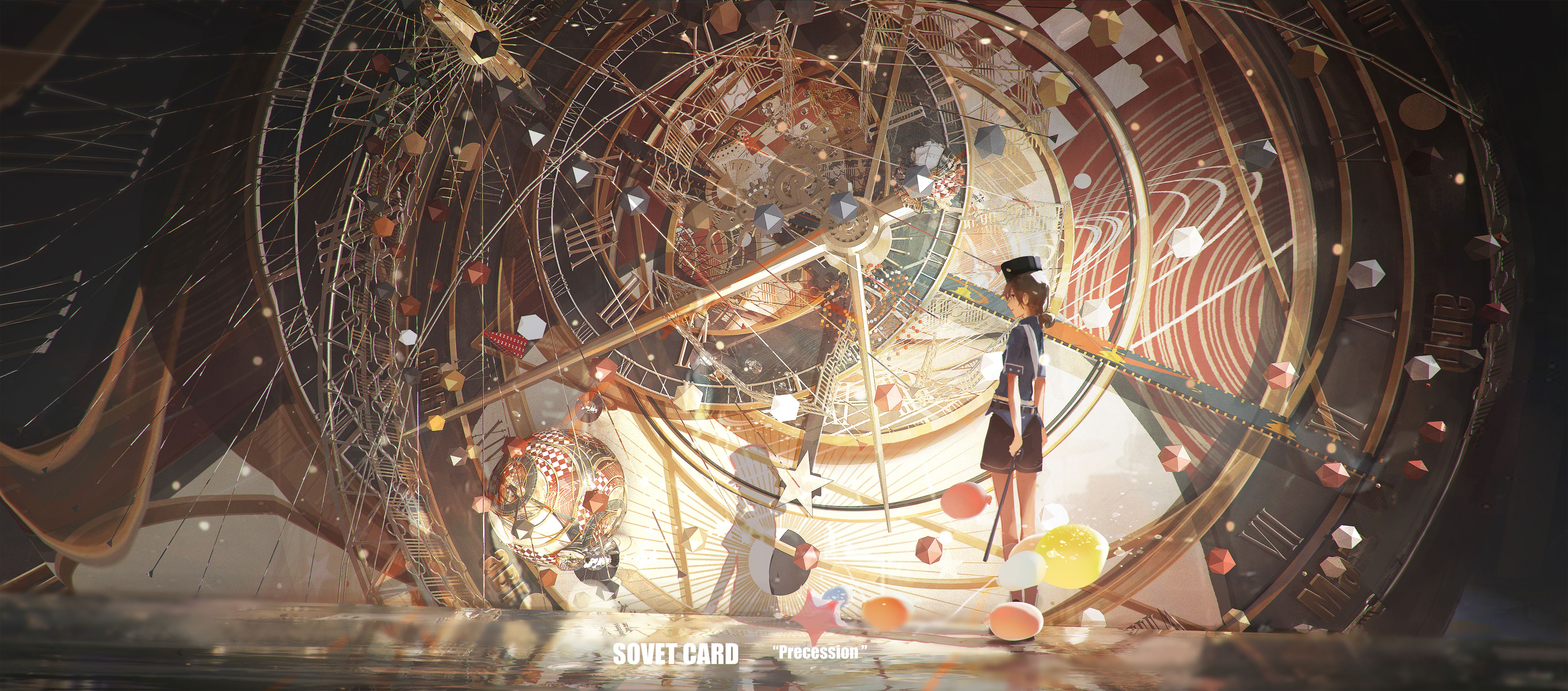 Girl in front of a large clockwork mechanism HD Wallpaper