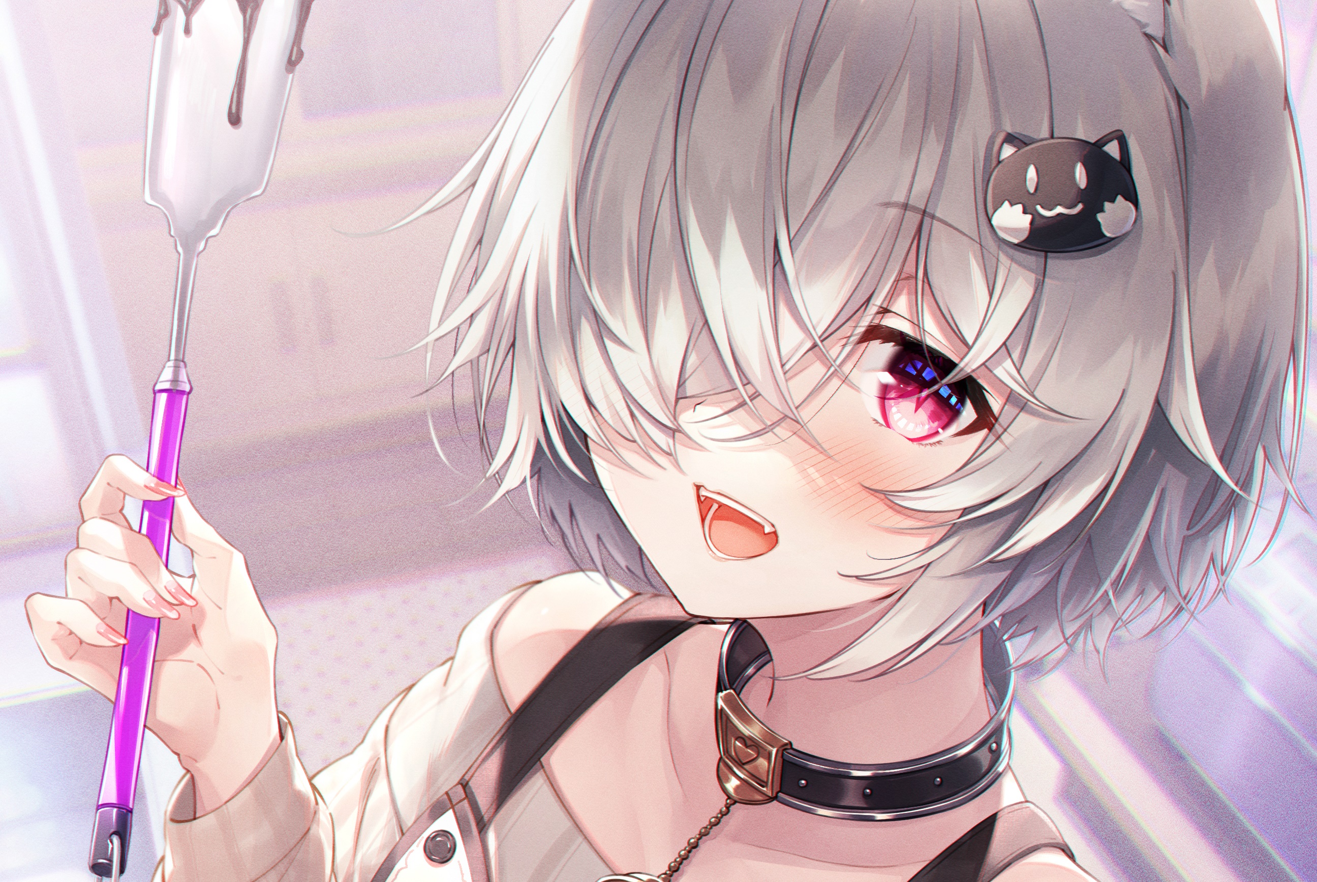 Girl with Grey Hair and Pink Eyes Holding Spatula HD Wallpaper