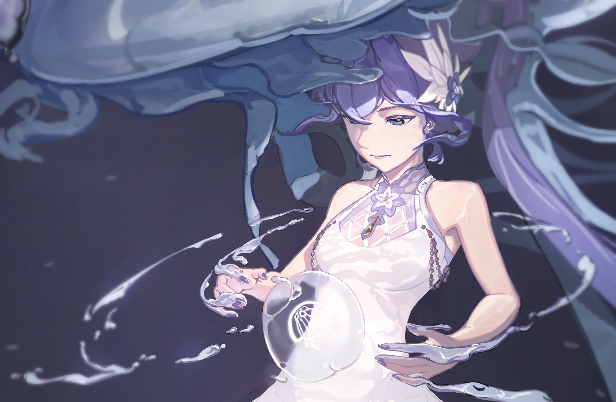 Girl with purple hair and white dress HD Wallpaper