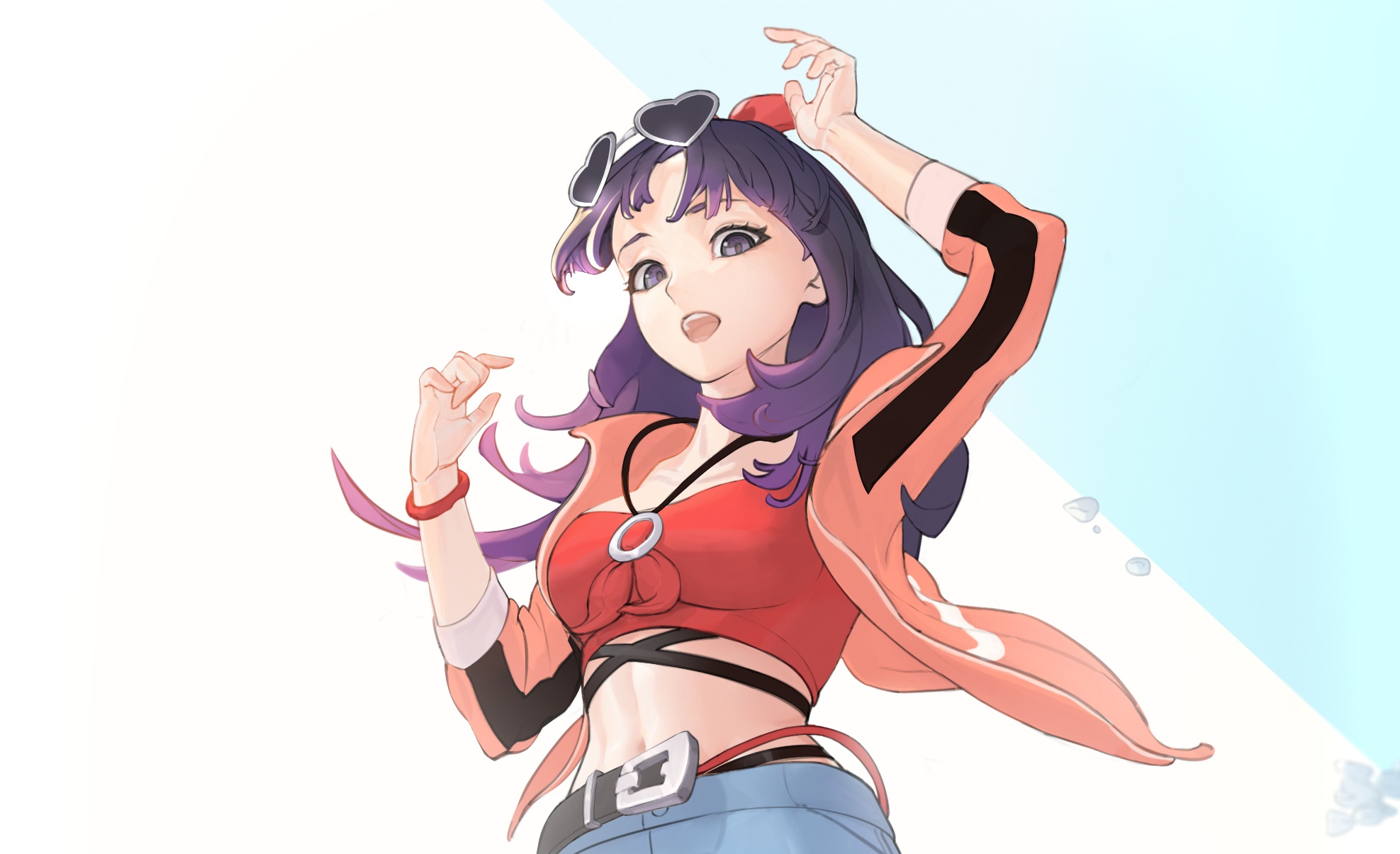 Girl with purple hair and purple eyes wearing a red top HD Wallpaper