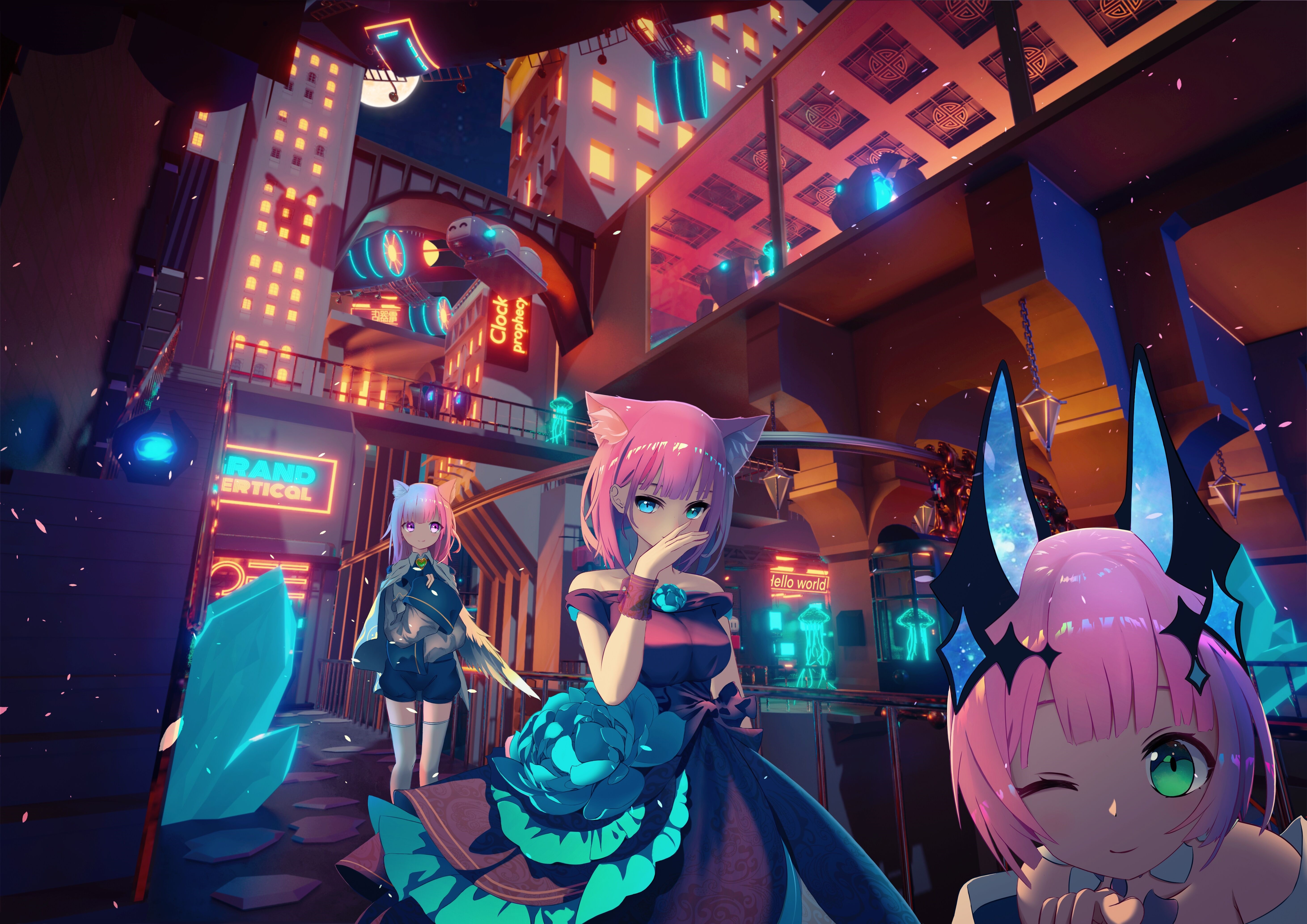 Anime Girls with Pink Hair and Animal Ears in Cyberpunk City HD Wallpaper