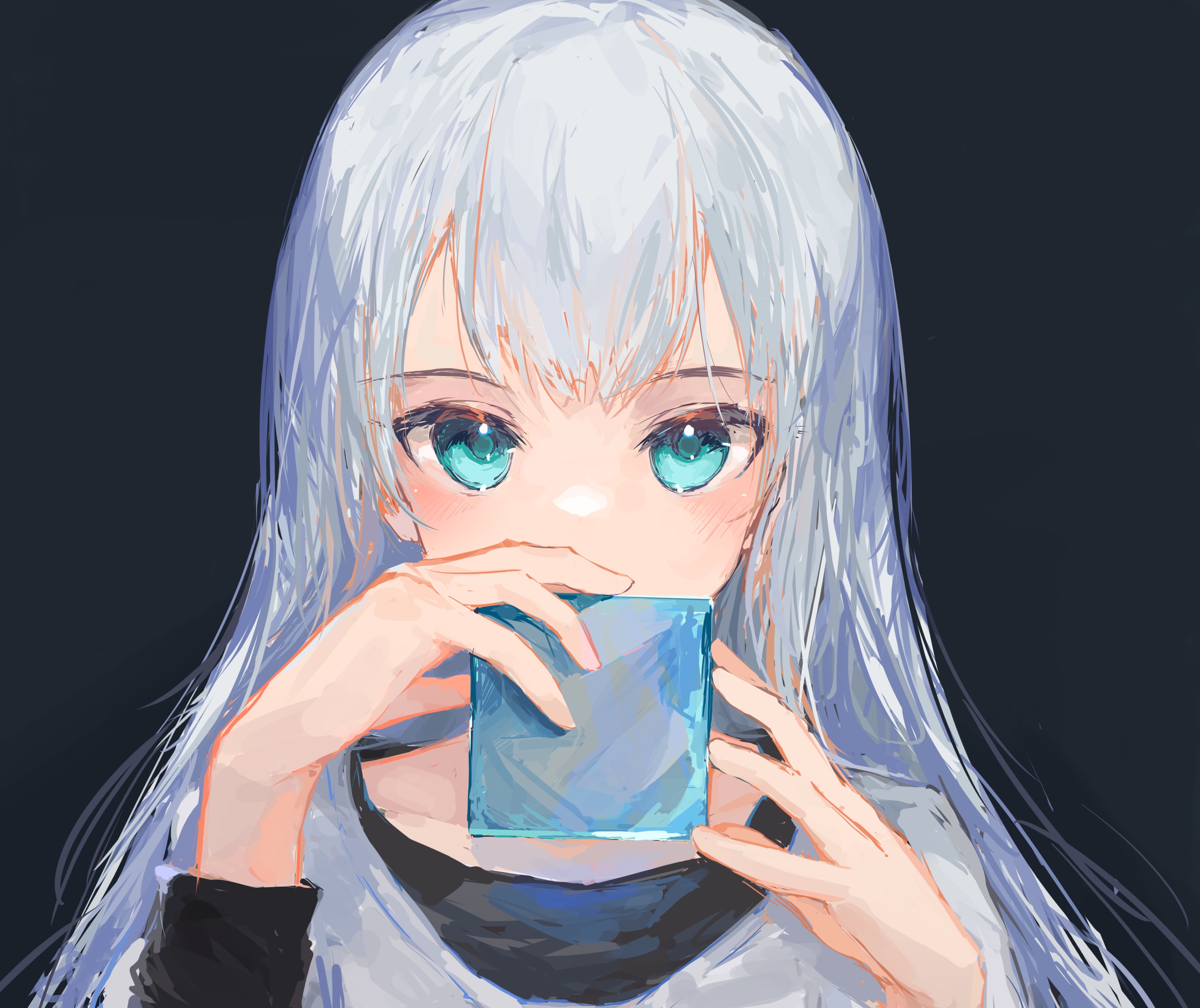 Girl with grey hair holding a blue cube HD Wallpaper