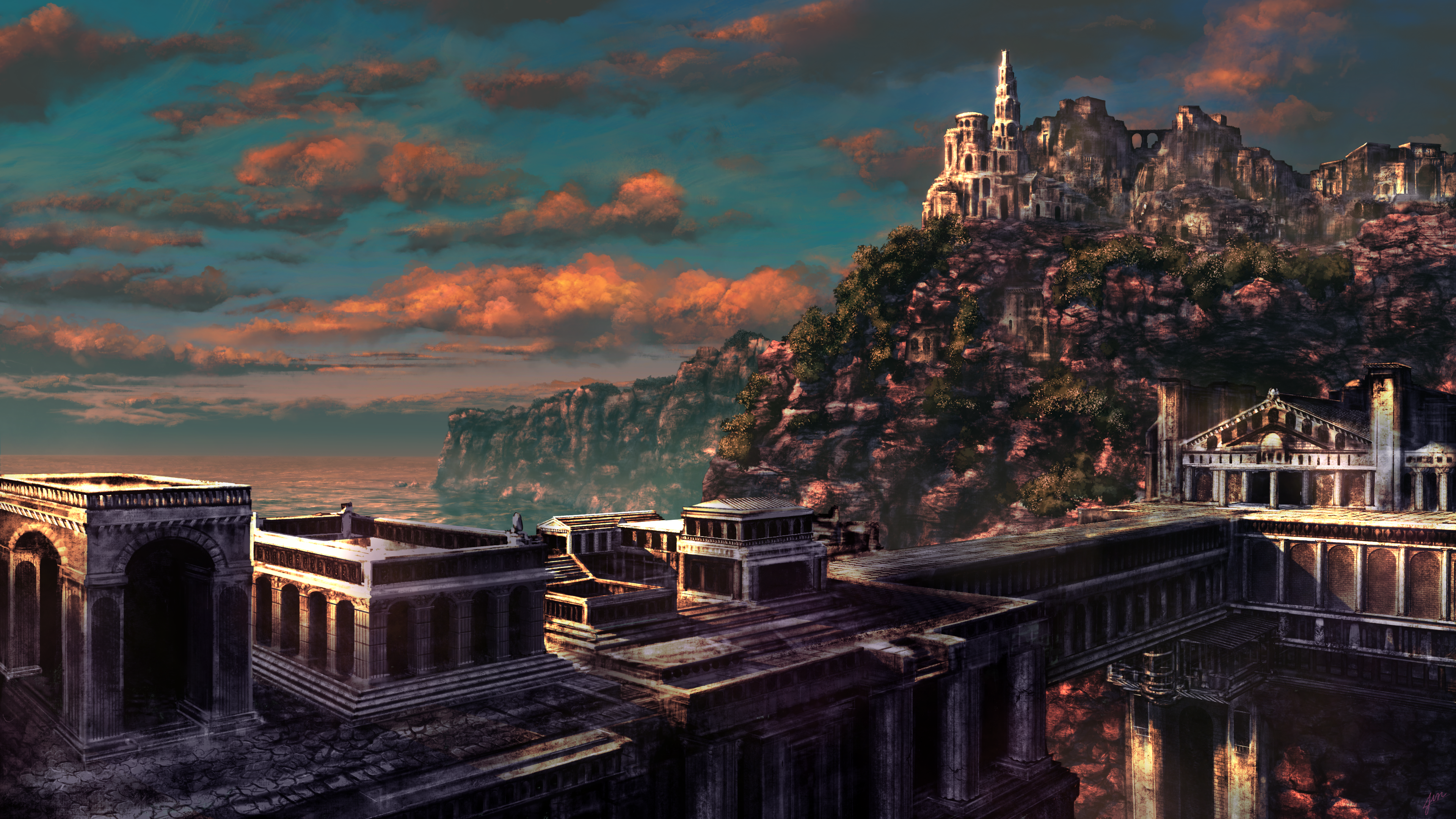 Ancient city on a cliff overlooking the sea at sunset HD Wallpaper
