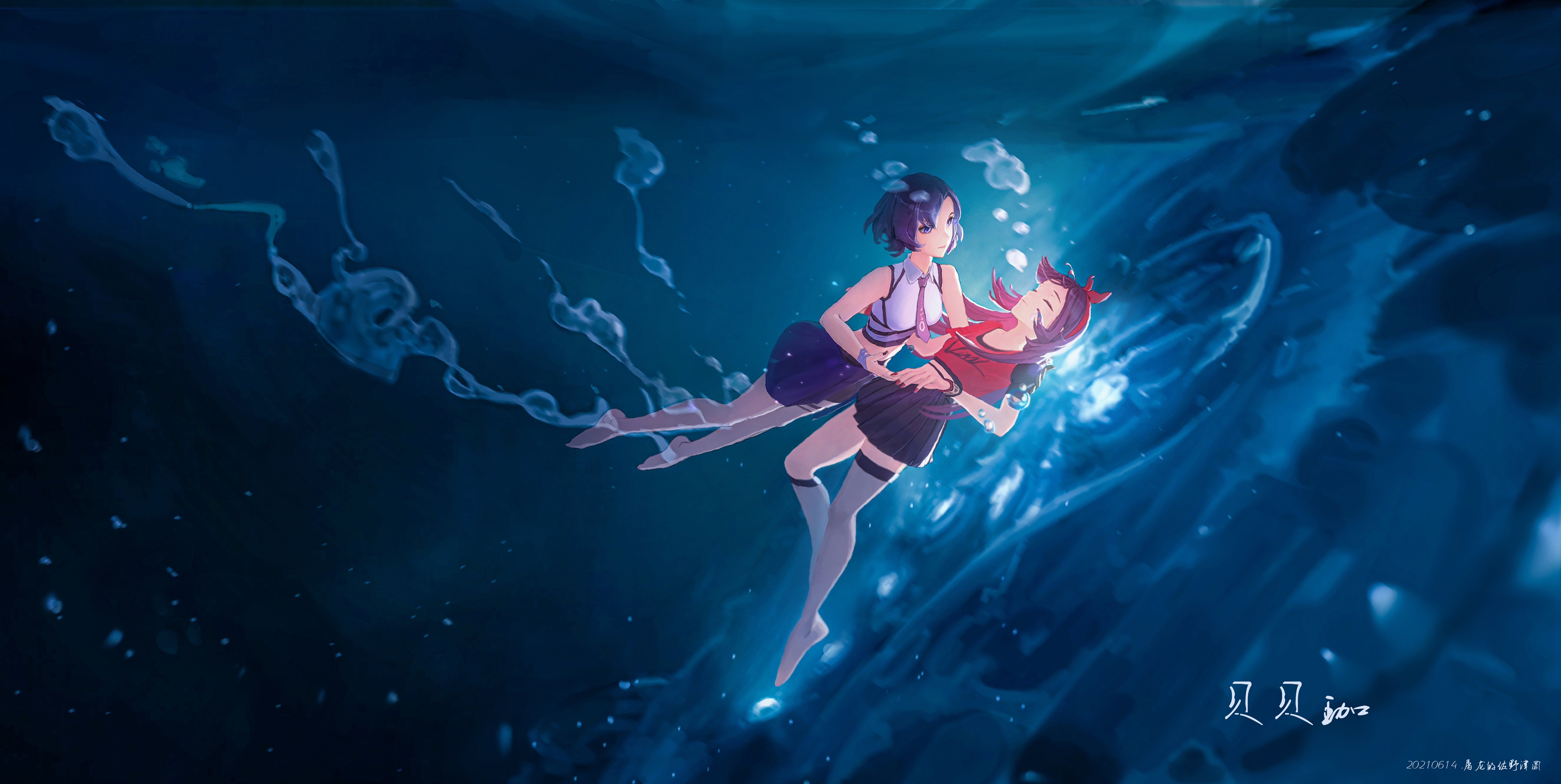 Two girls underwater, one carrying the other HD Wallpaper