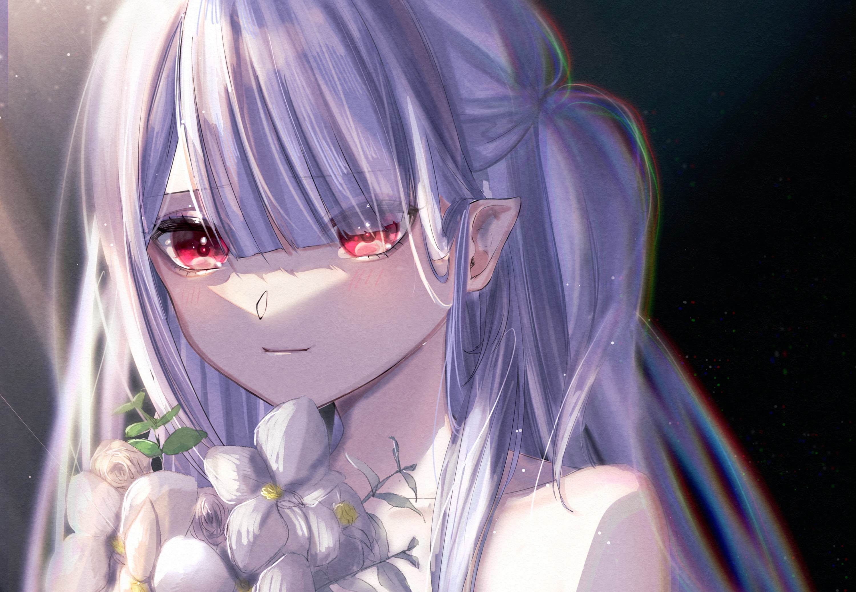 Girl with grey hair and red eyes holding flowers HD Wallpaper