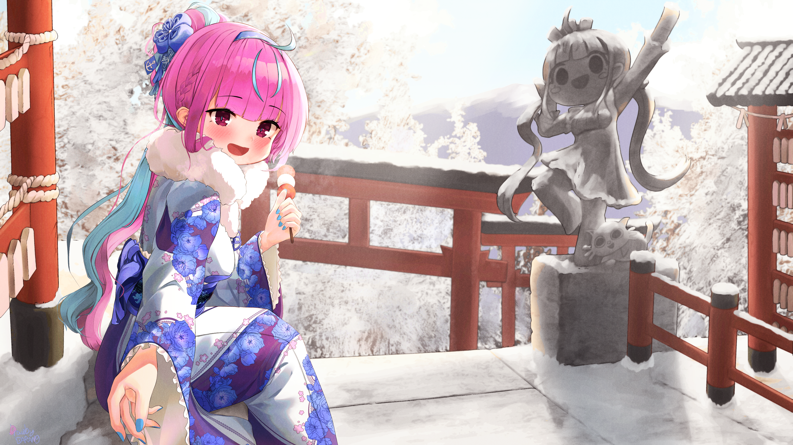 Minato Aqua in Kimono at a Snowy Shrine HD Wallpaper