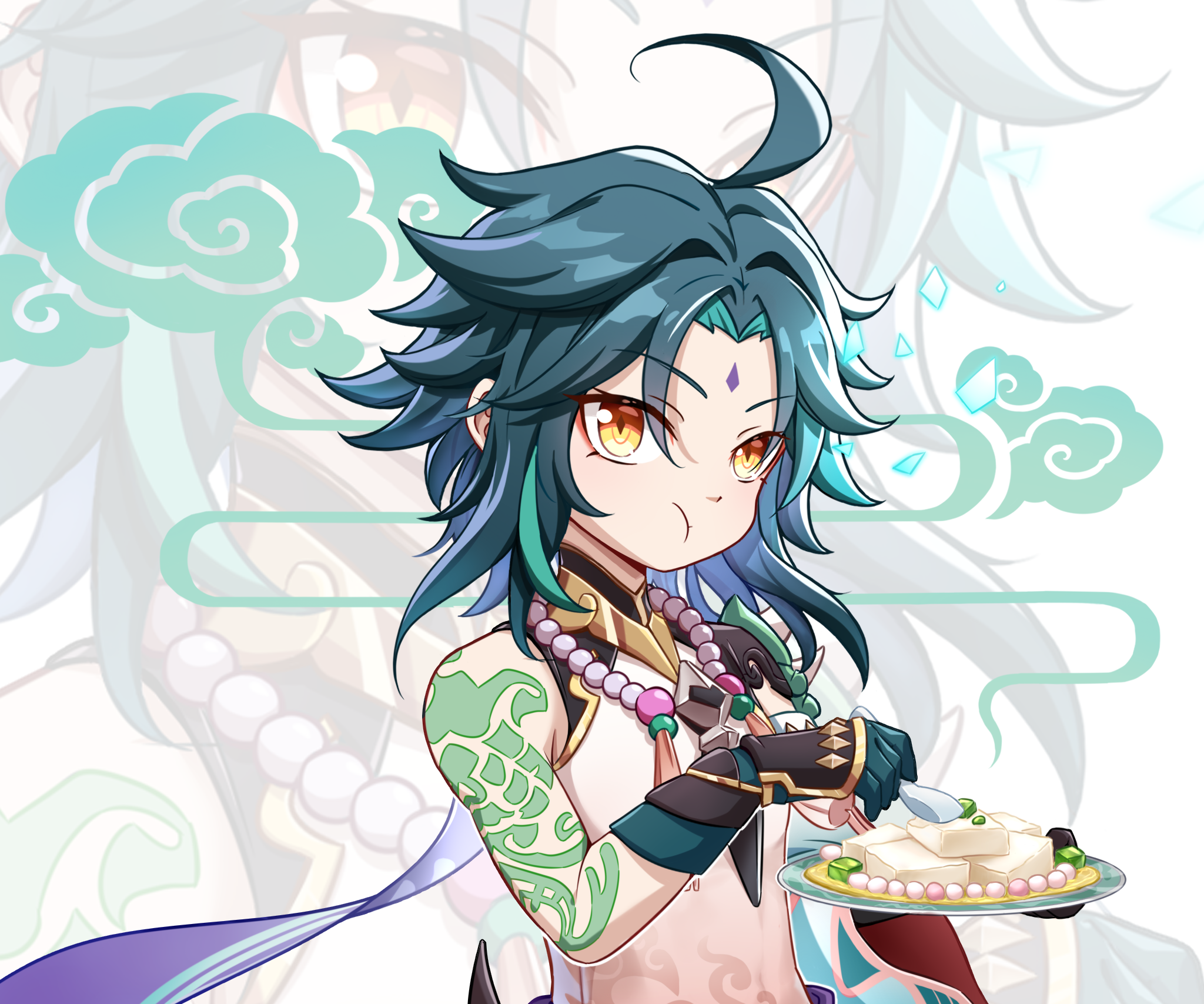 Xiao from Genshin Impact eating tofu HD Wallpaper