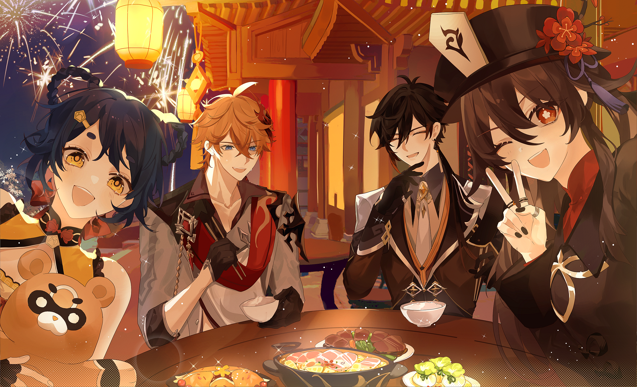 Genshin Impact characters celebrating at a table HD Wallpaper