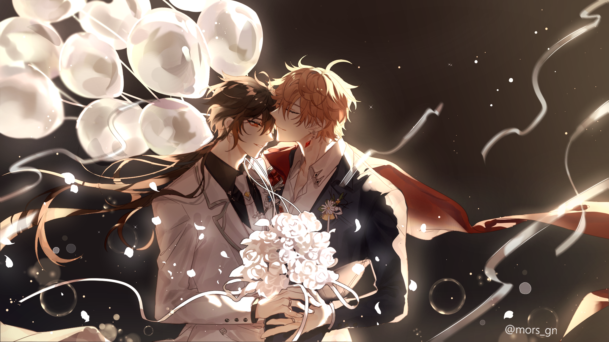 Zhongli and Tartaglia from Genshin Impact with balloons and flowers HD Wallpaper