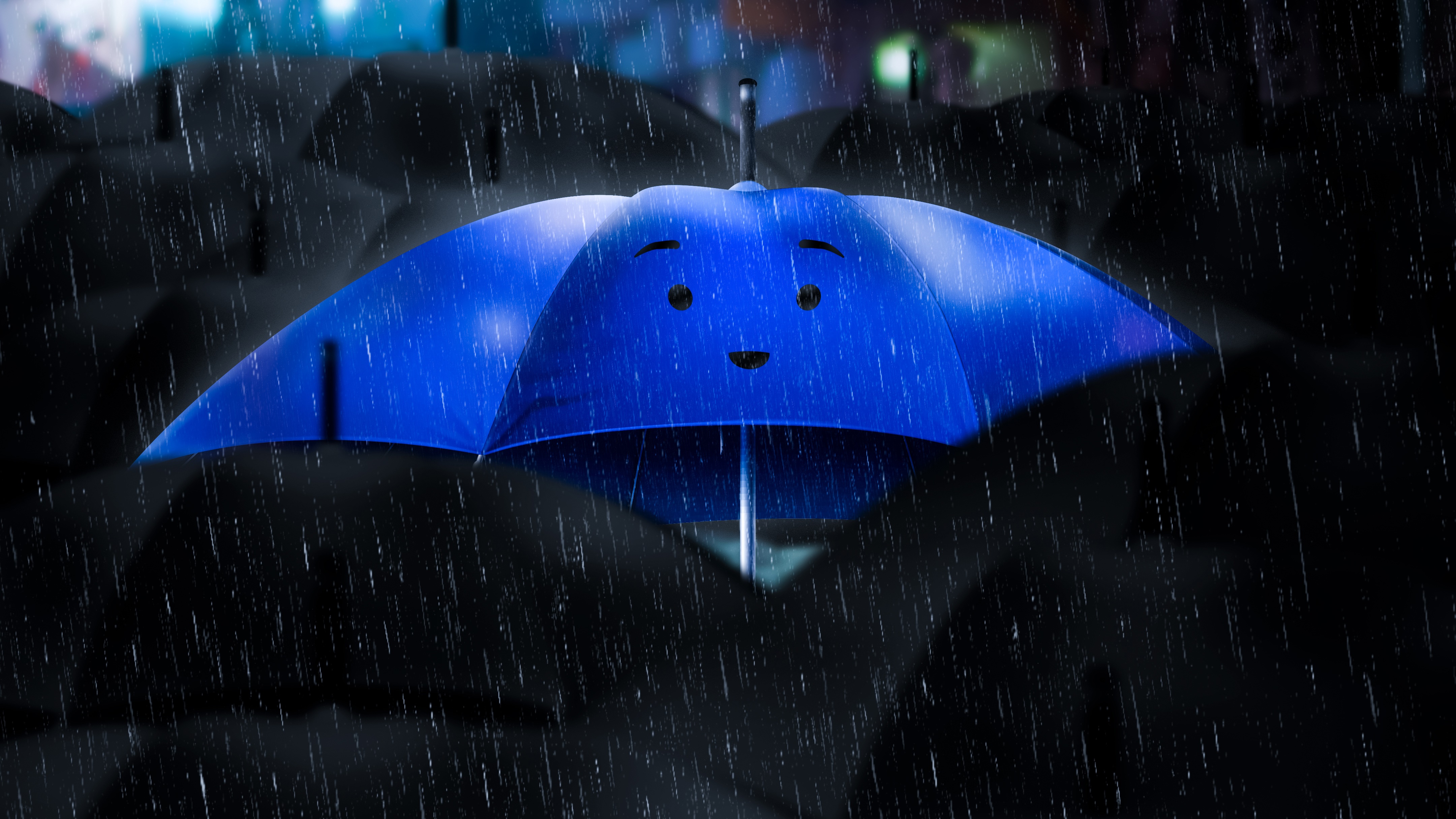 A blue umbrella with a face in the rain HD Wallpaper