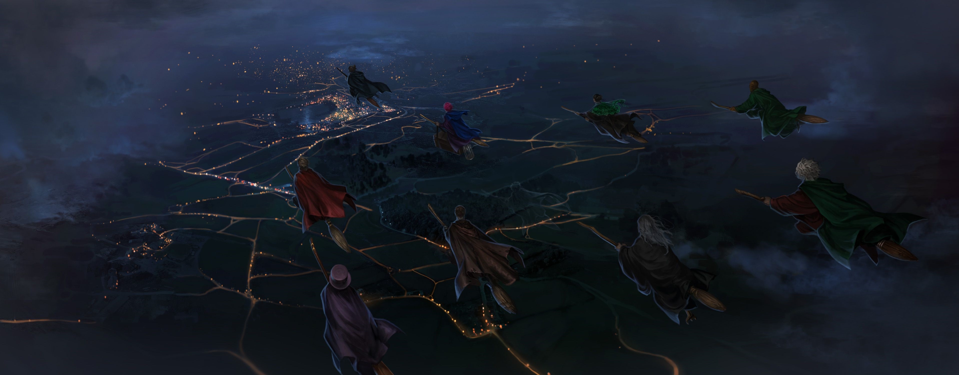 Harry Potter characters flying on broomsticks over a nighttime city HD Wallpaper