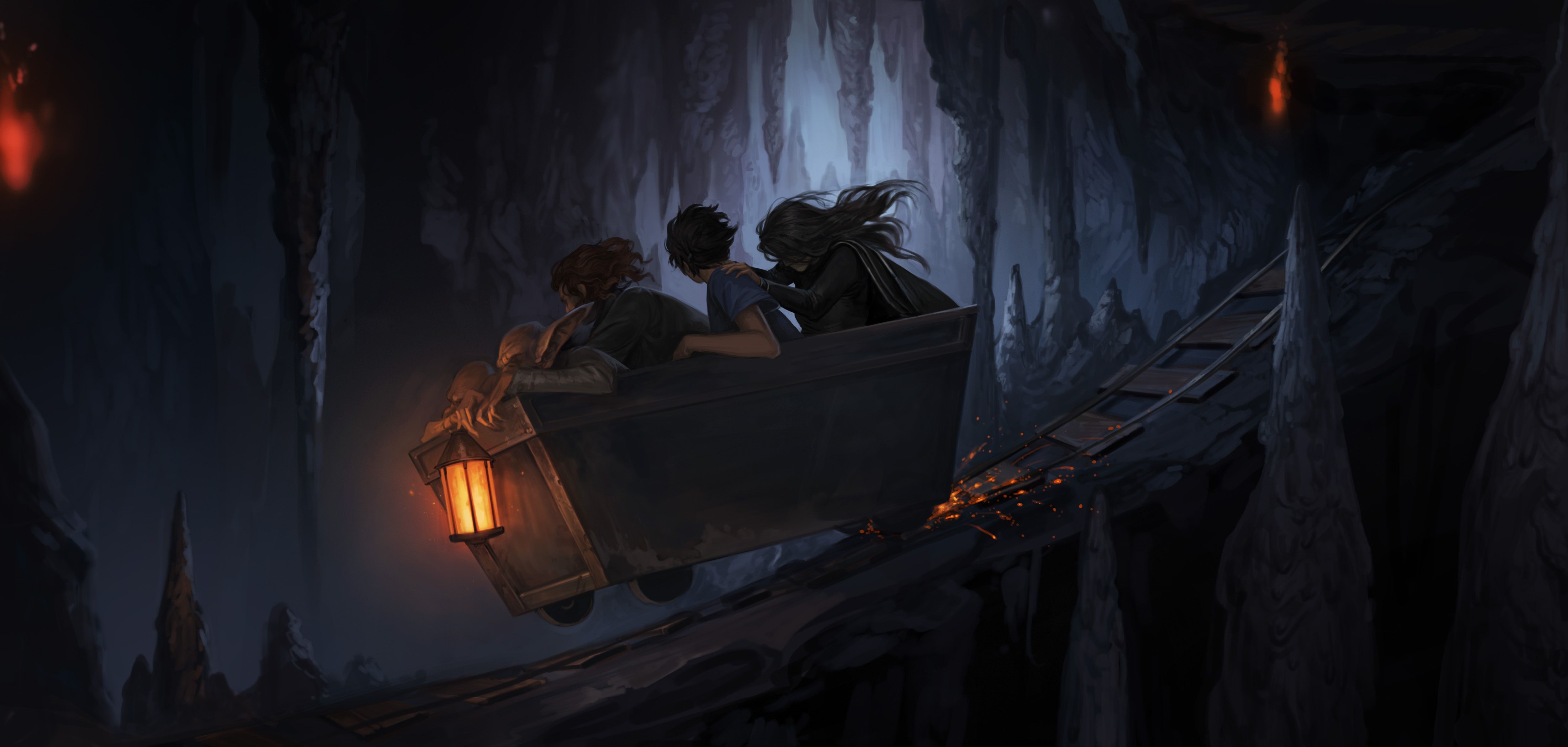 Harry Potter characters in a minecart in Gringotts HD Wallpaper