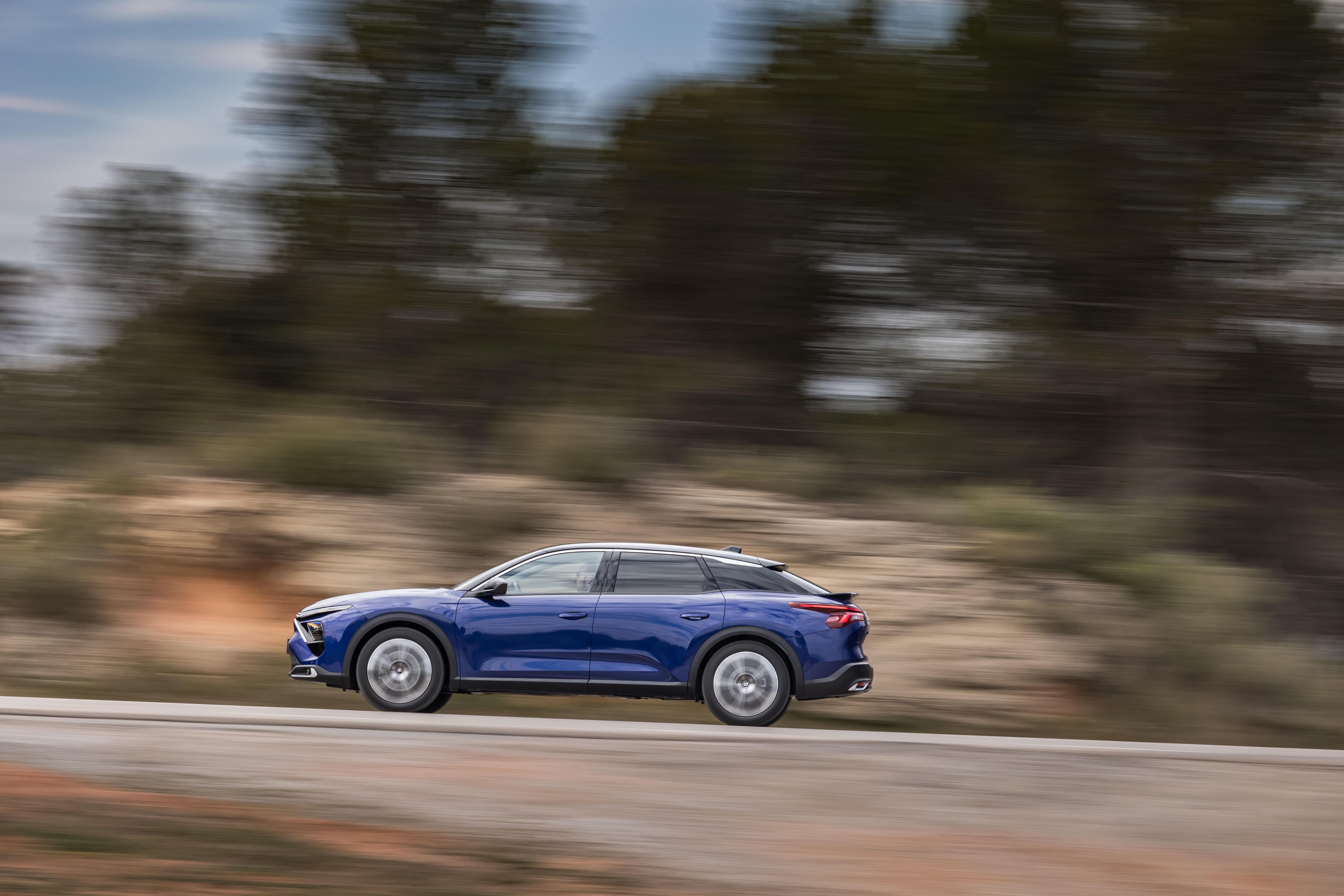 Blue Citroën C5 X driving on a road HD Wallpaper