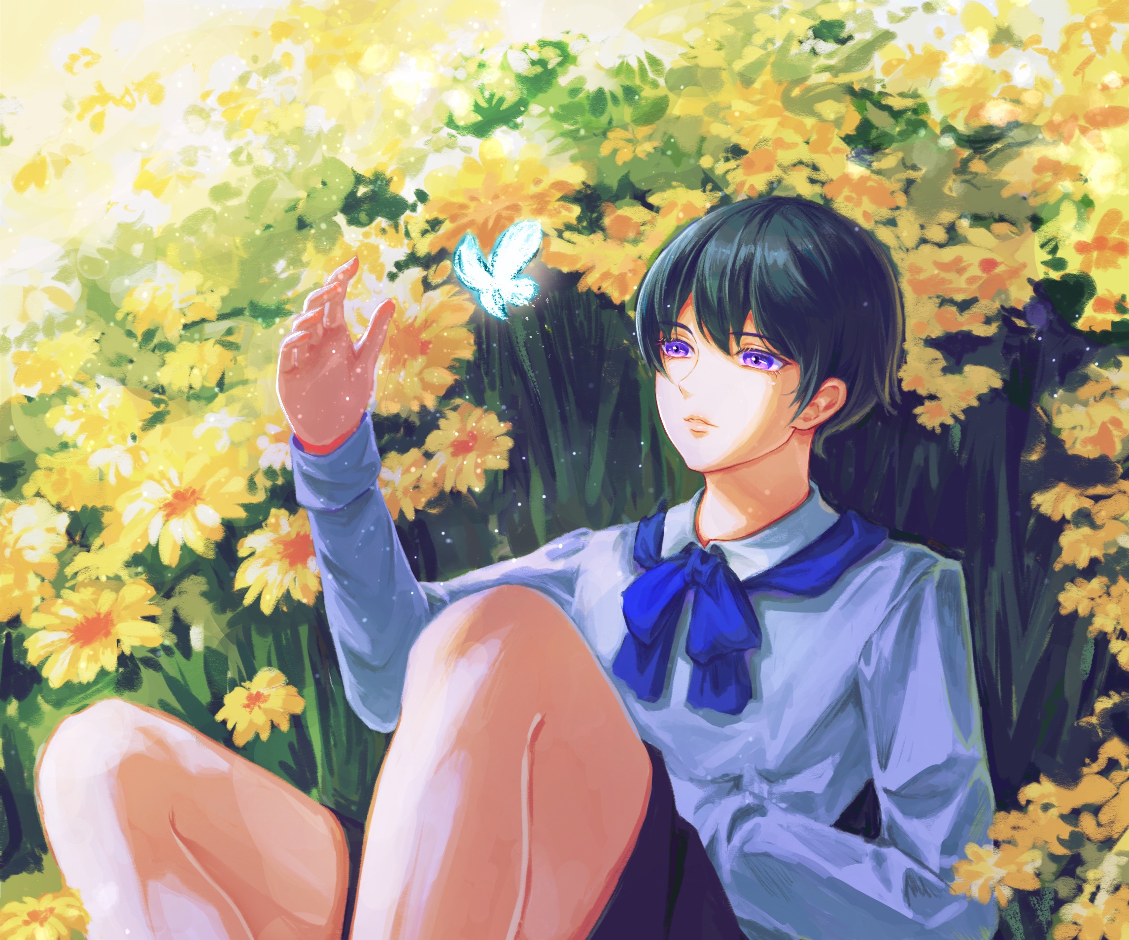 Boy with butterfly in a field of yellow flowers HD Wallpaper