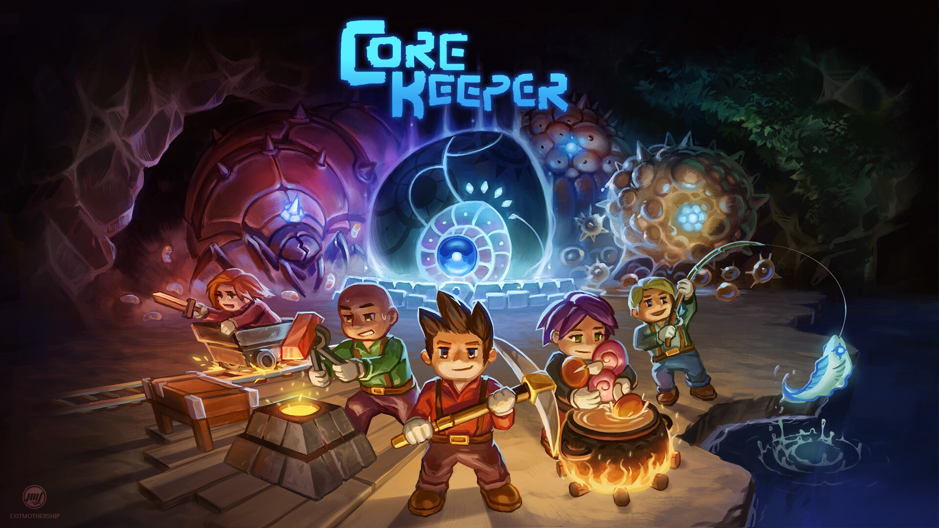 Core Keeper characters mining and fishing HD Wallpaper