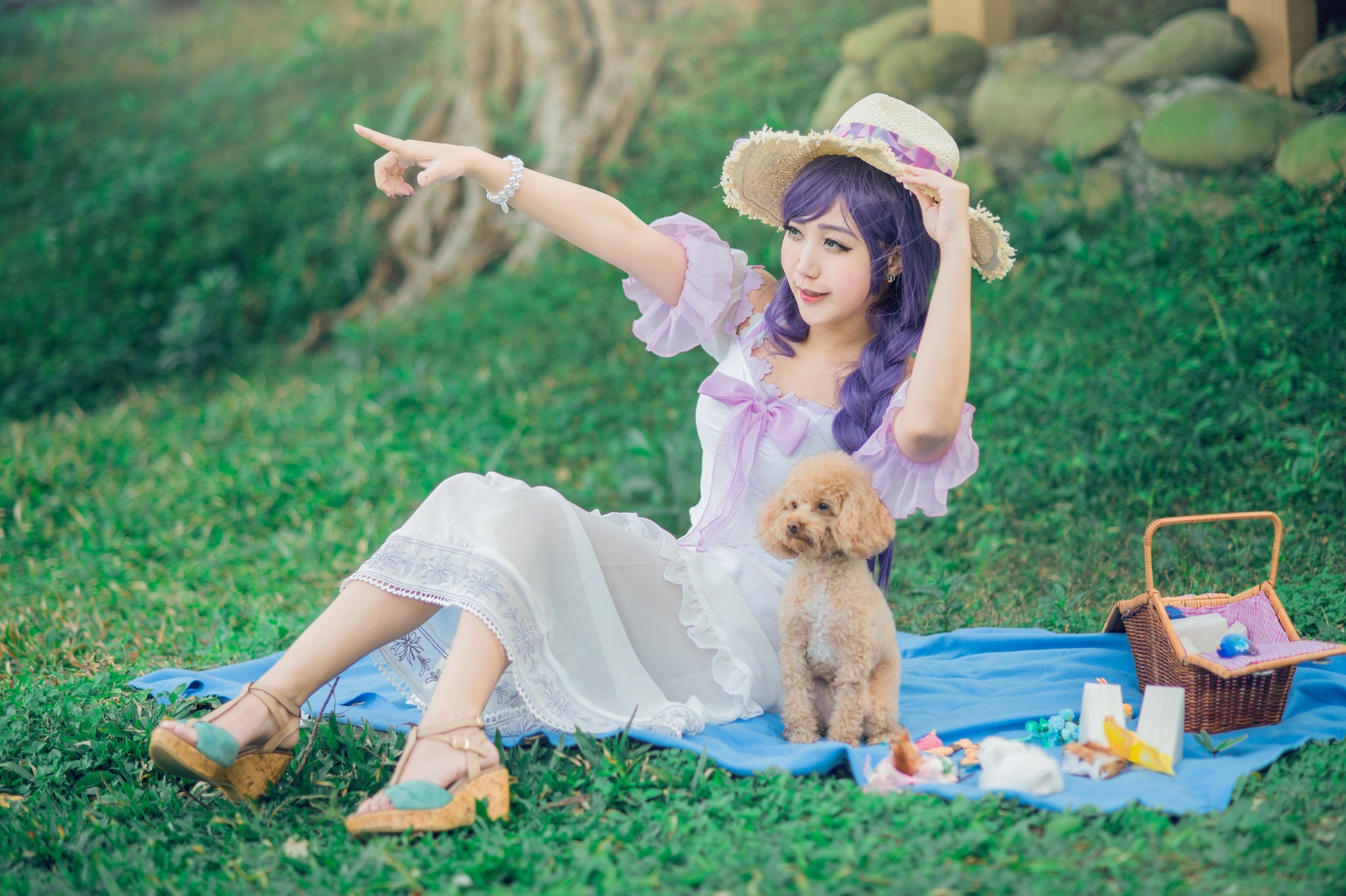 Asian girl in a white dress with purple hair and a dog on a picnic HD Wallpaper