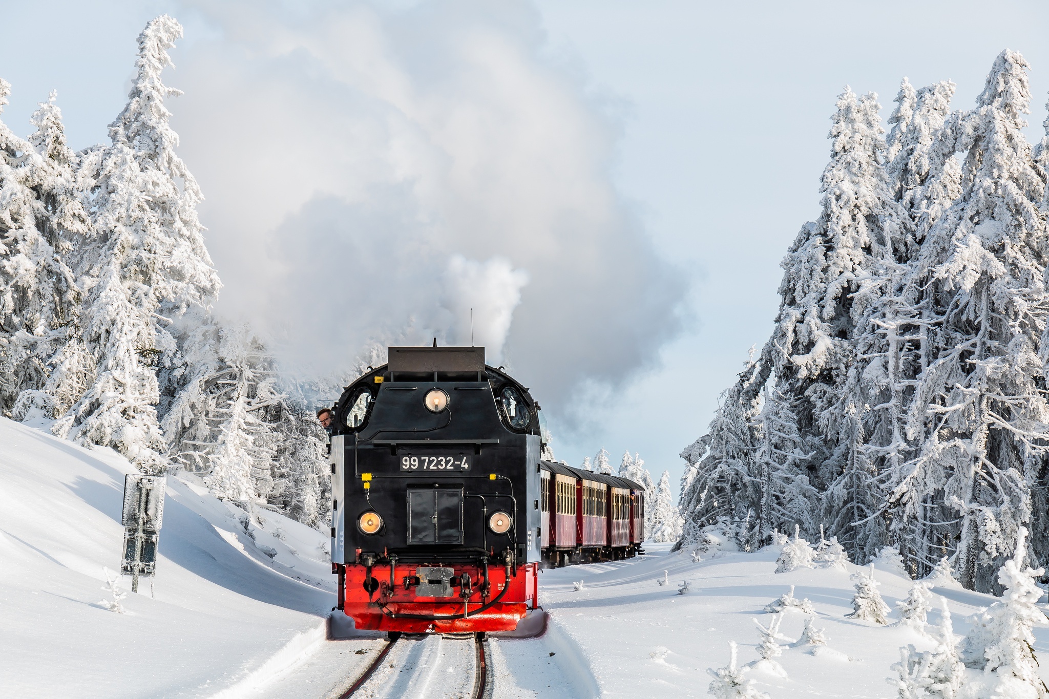 Steam train in a snowy forest HD Wallpaper