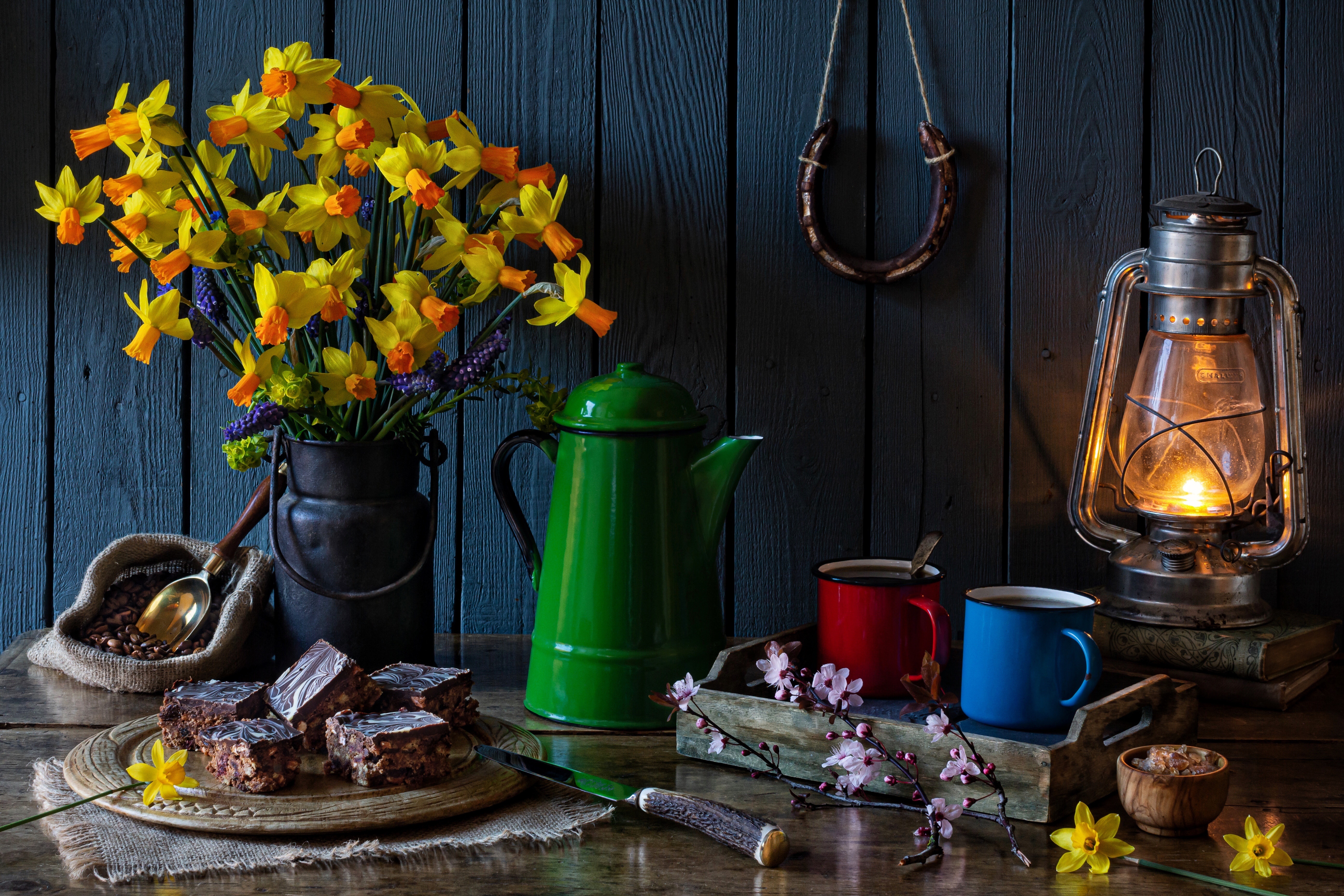 Still life with daffodils and coffee HD Wallpaper