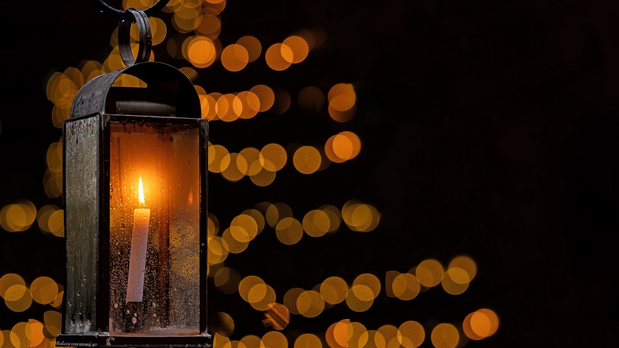 Lantern with candle and bokeh lights HD Wallpaper