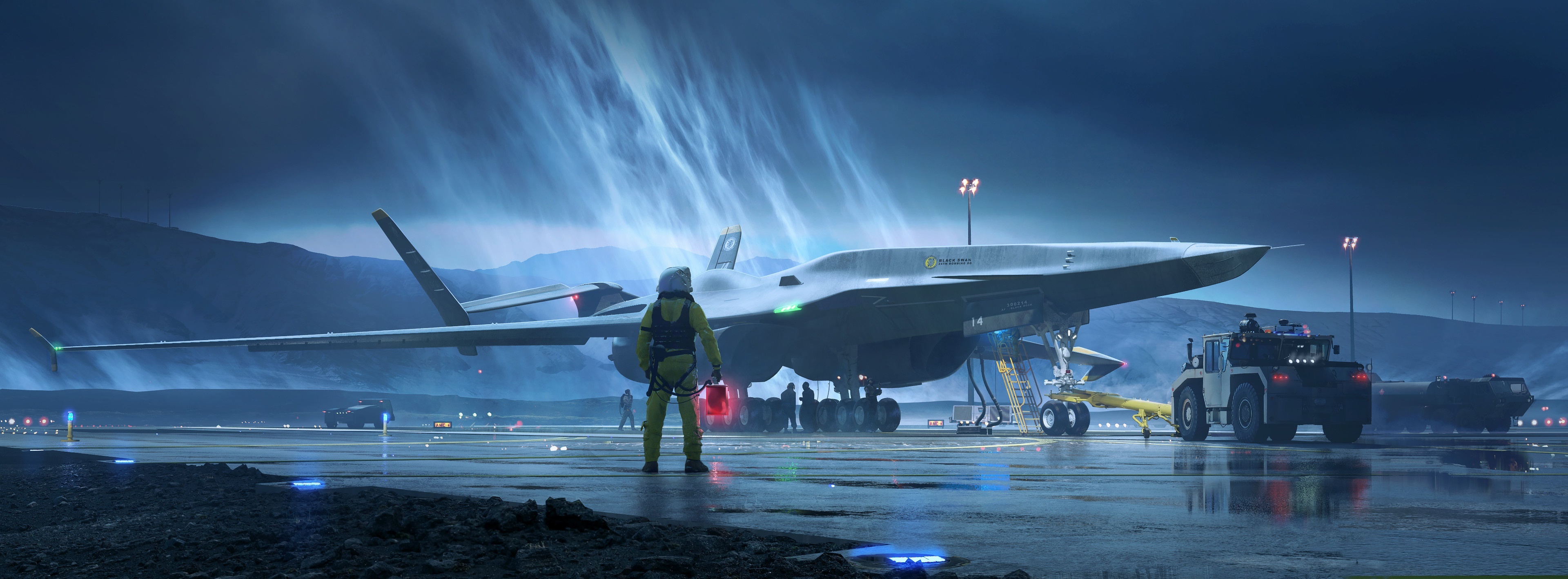 Futuristic sci-fi aircraft on a tarmac at night HD Wallpaper