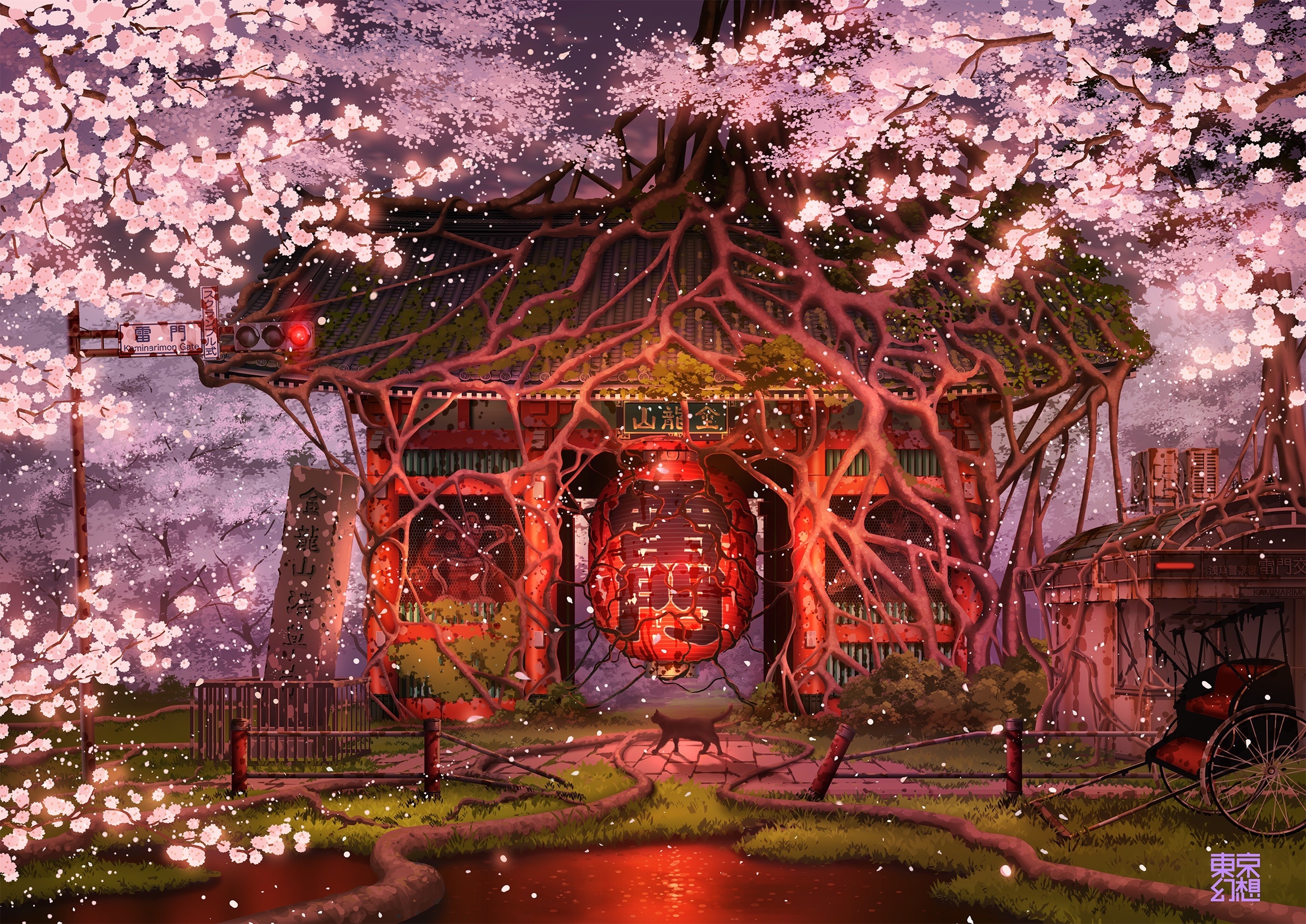 Fantasy Oriental Gate with Cherry Blossoms HD Wallpaper