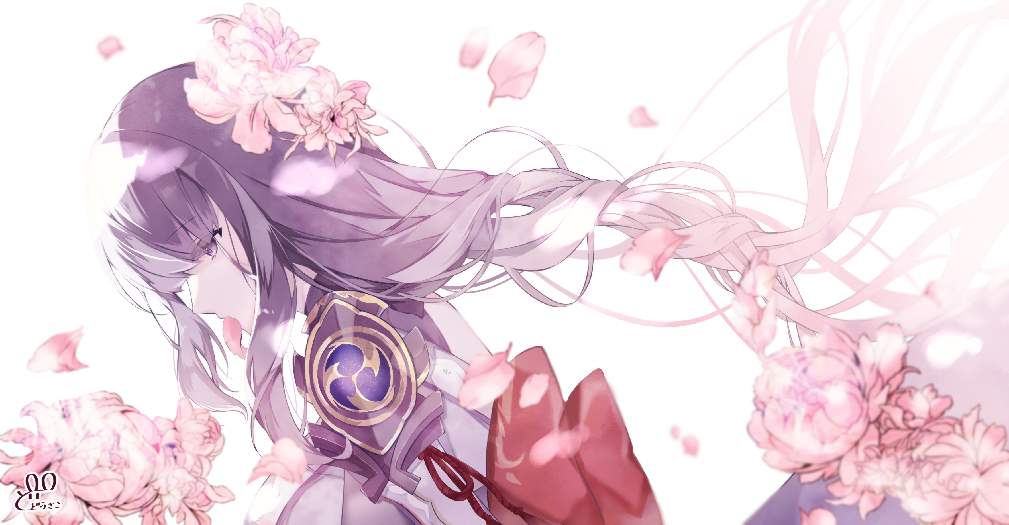 Raiden Shogun from Genshin Impact with flowers HD Wallpaper