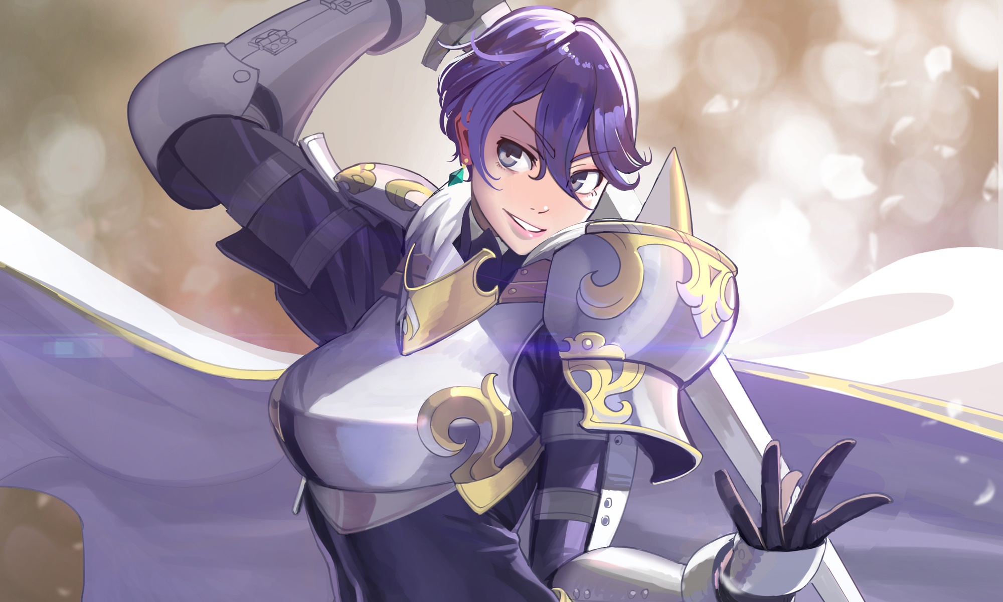Woman in ornate armor with purple hair HD Wallpaper