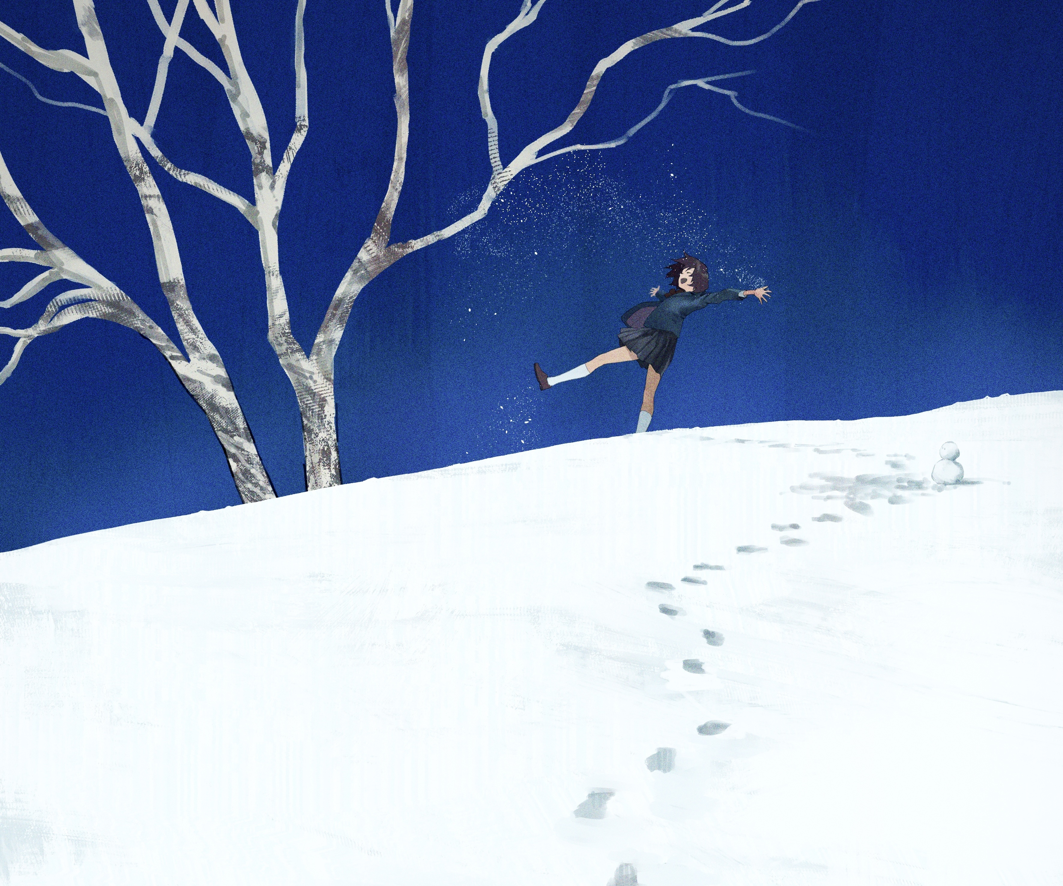 Girl throwing snow under a tree HD Wallpaper