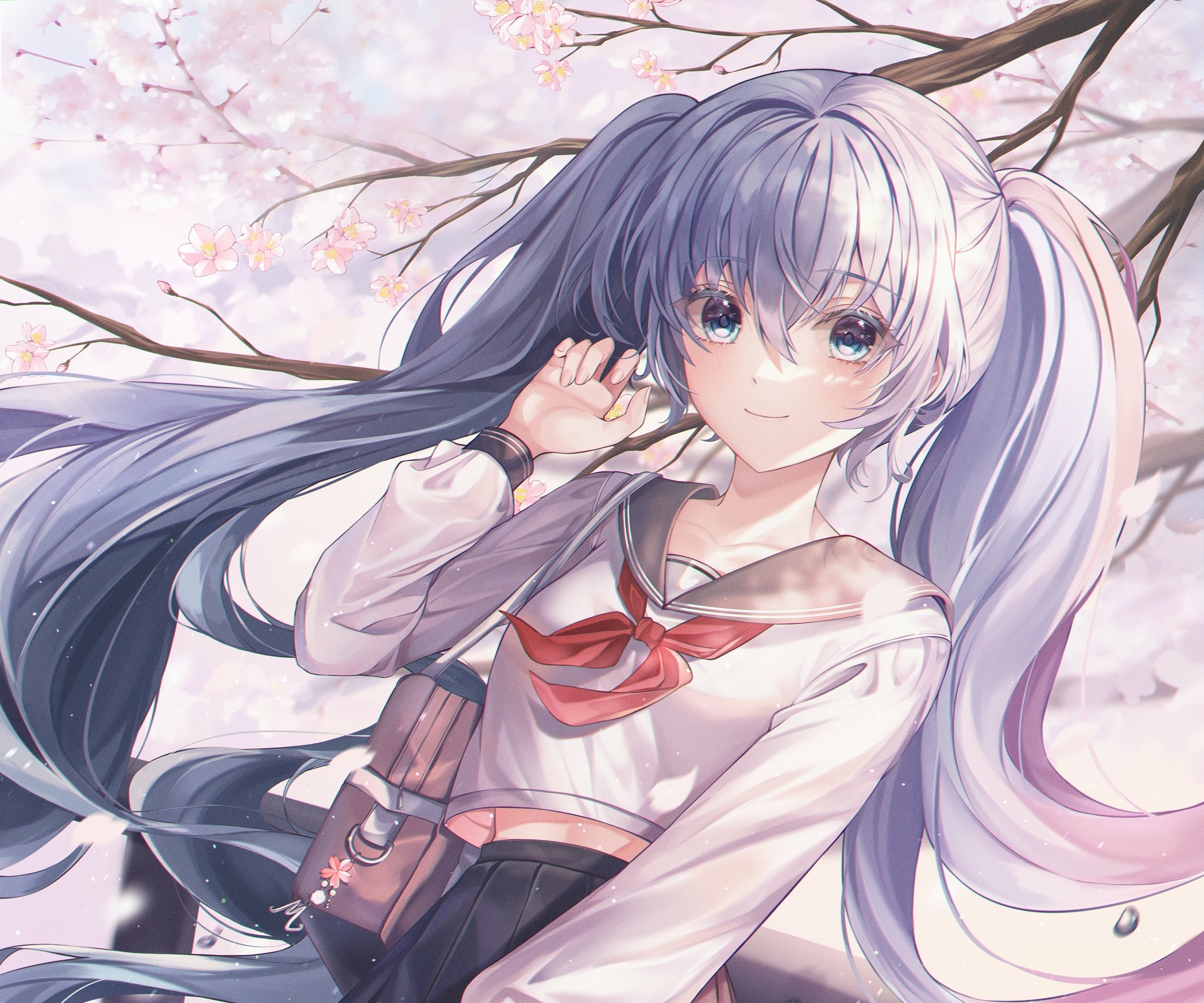 Hatsune Miku with Cherry Blossoms HD Wallpaper