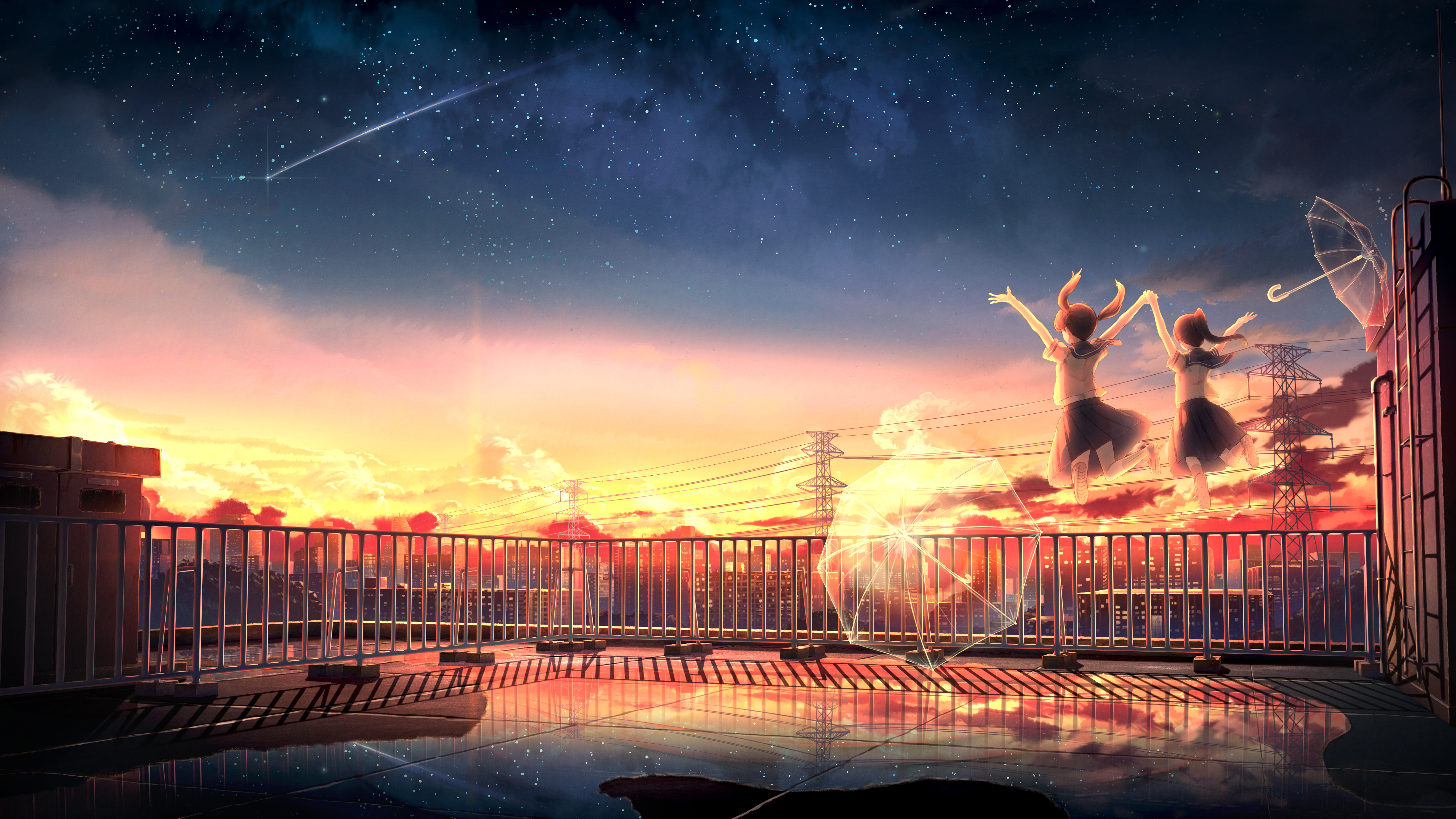Two girls jumping on a rooftop at sunset with starry sky HD Wallpaper