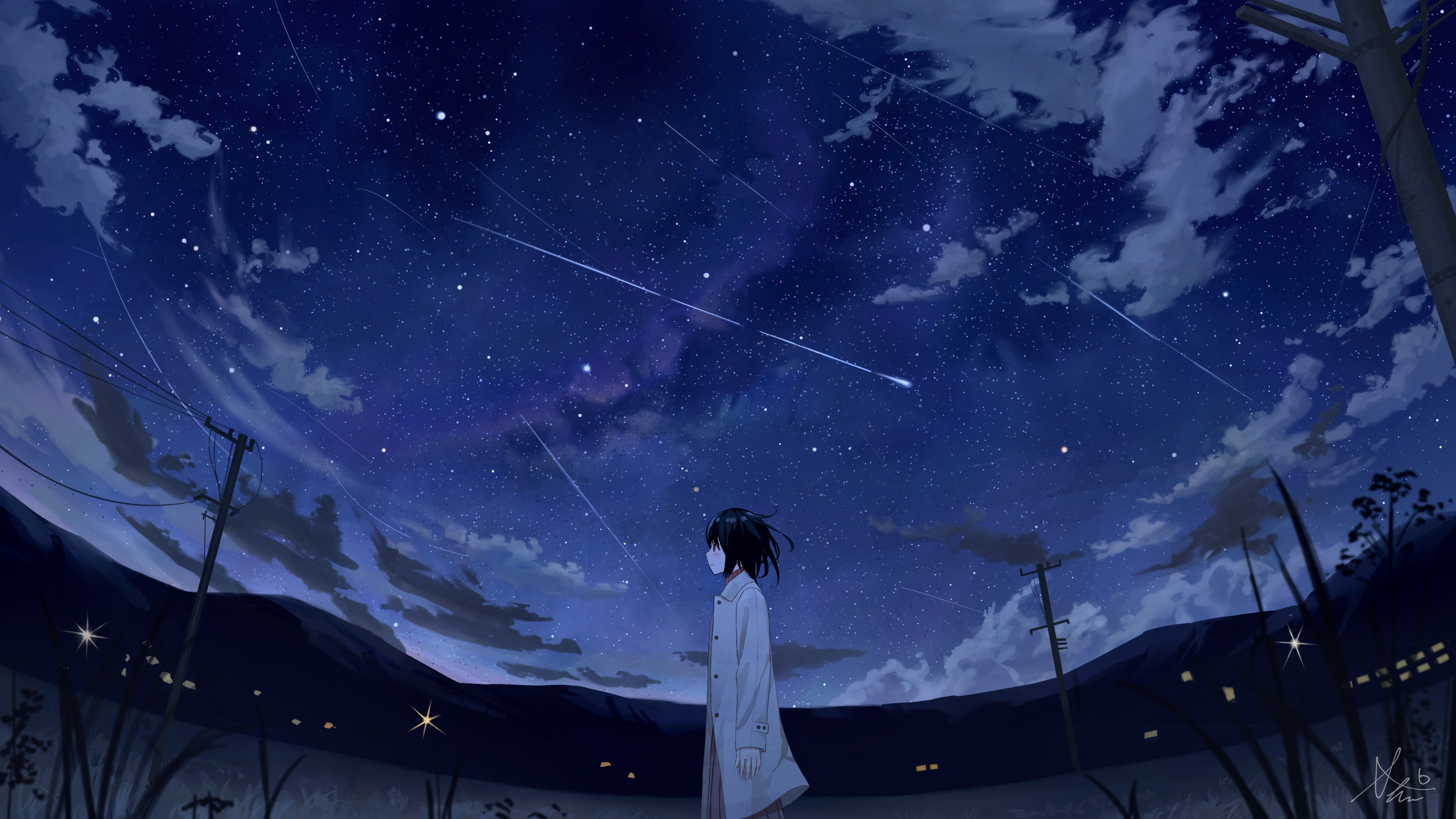 Girl Watching Shooting Stars in Night Sky 4K HD Wallpaper