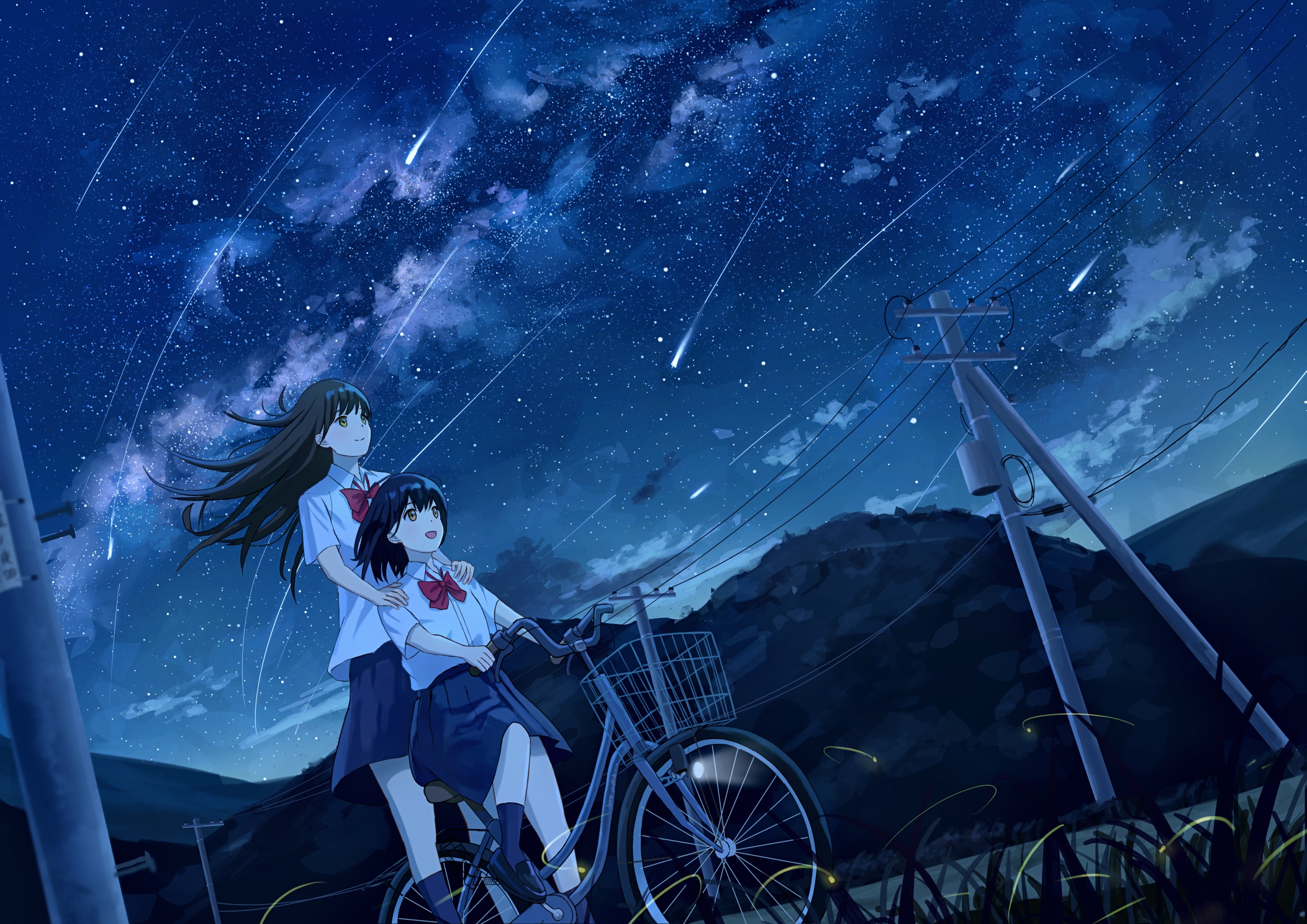 Two girls in school uniforms watching a starry sky with shooting stars HD Wallpaper