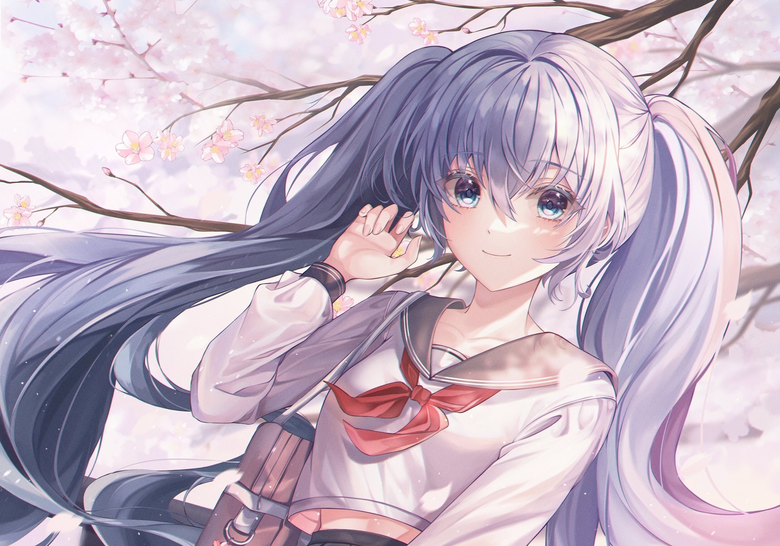 Hatsune Miku from Vocaloid under cherry blossoms HD Wallpaper