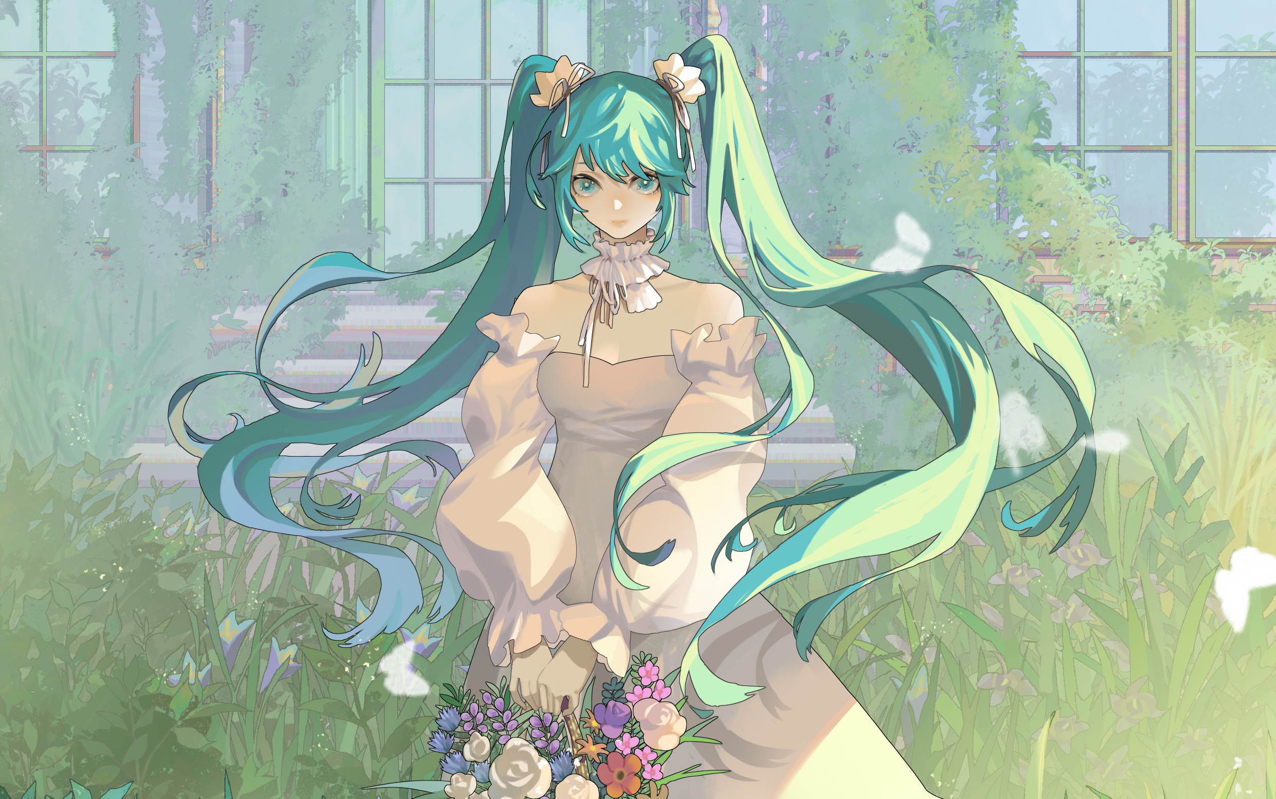 Hatsune Miku in a garden with butterflies HD Wallpaper