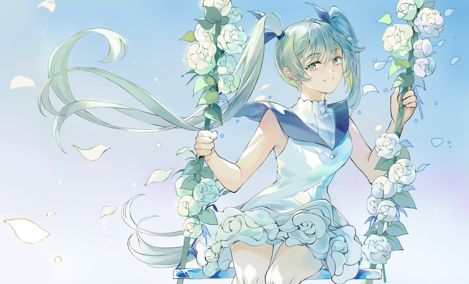 Hatsune Miku on a swing decorated with white roses HD Wallpaper