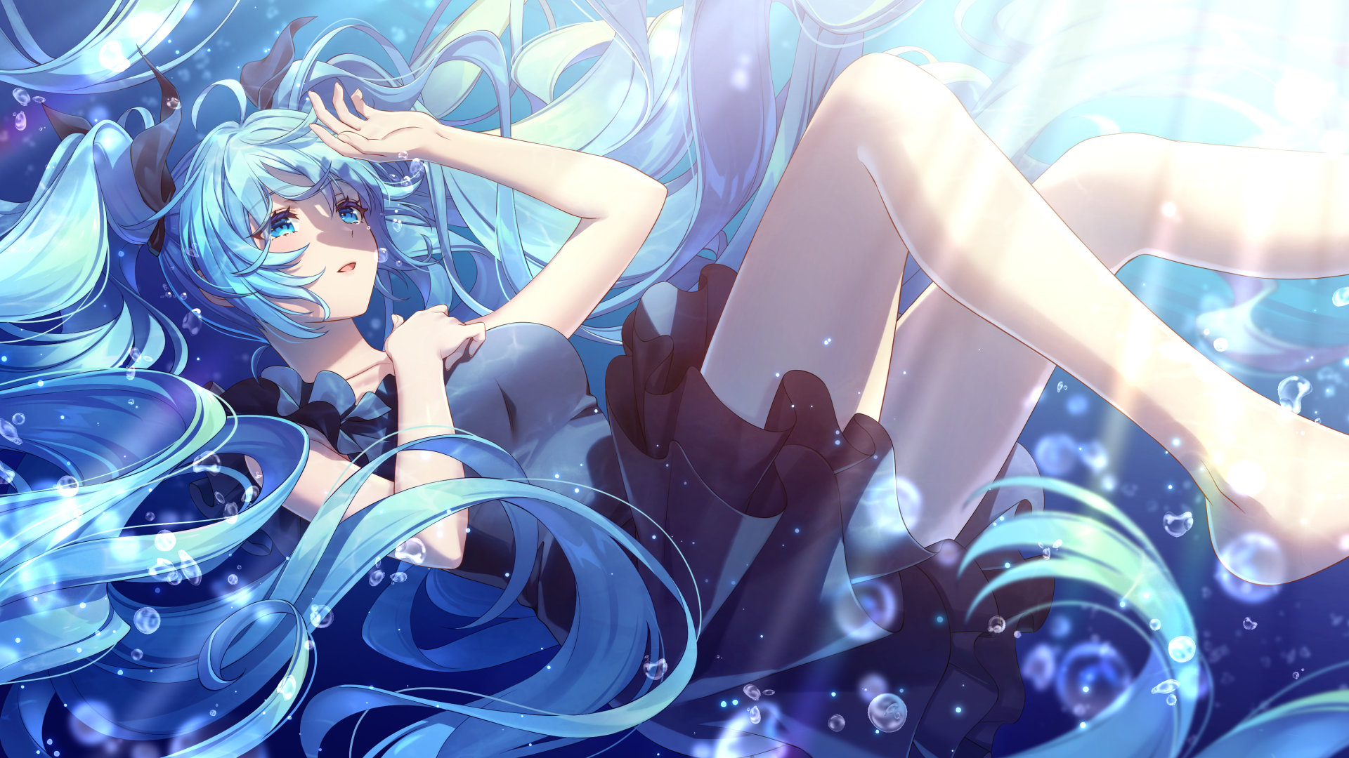 Hatsune Miku underwater with blue hair HD Wallpaper