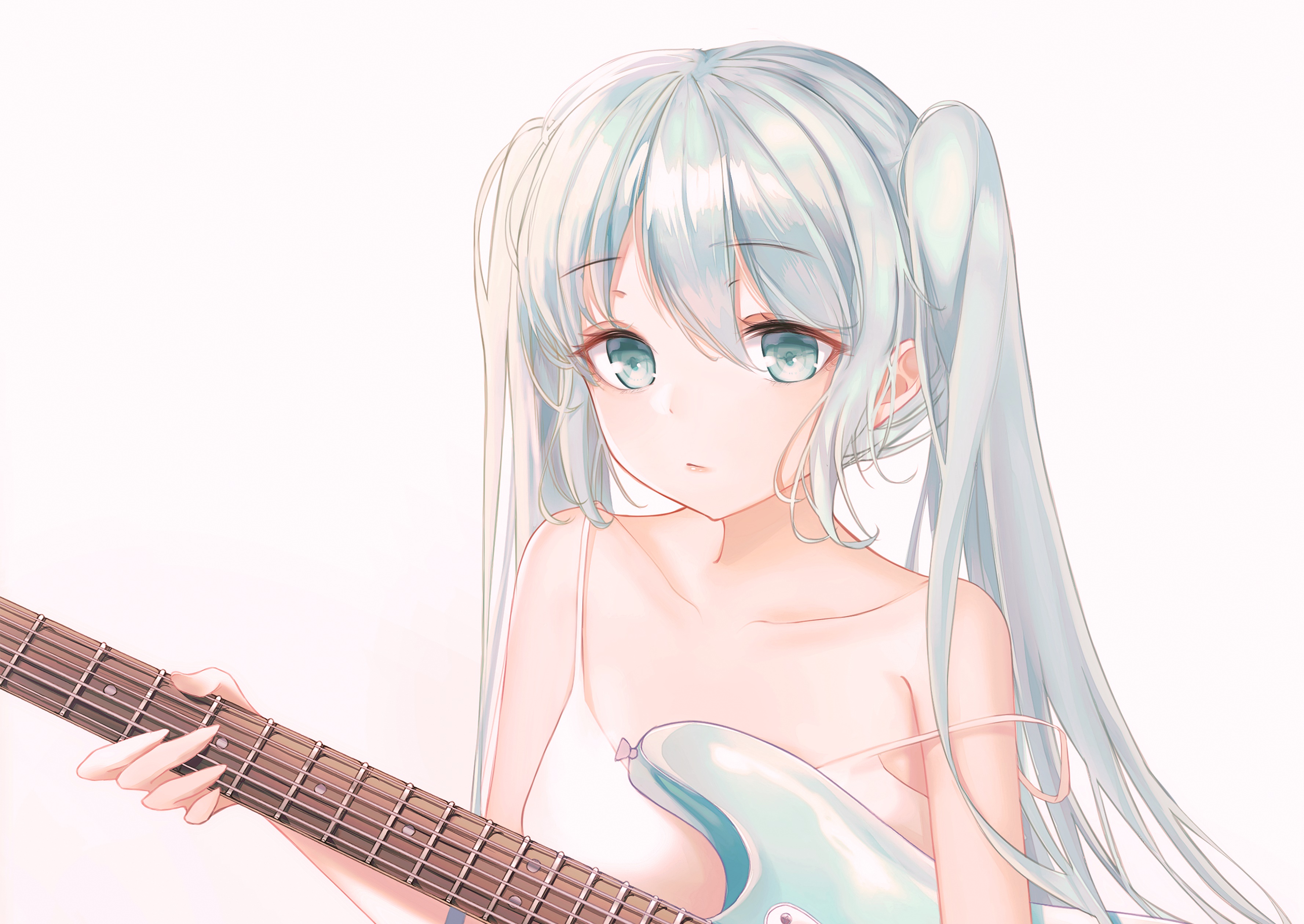 Hatsune Miku from Vocaloid holding a guitar HD Wallpaper