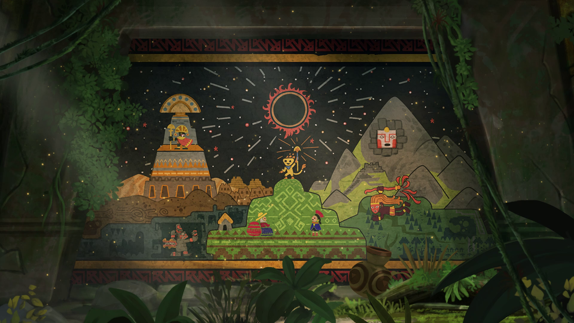 Mural of a sun eclipse and ancient civilization HD Wallpaper