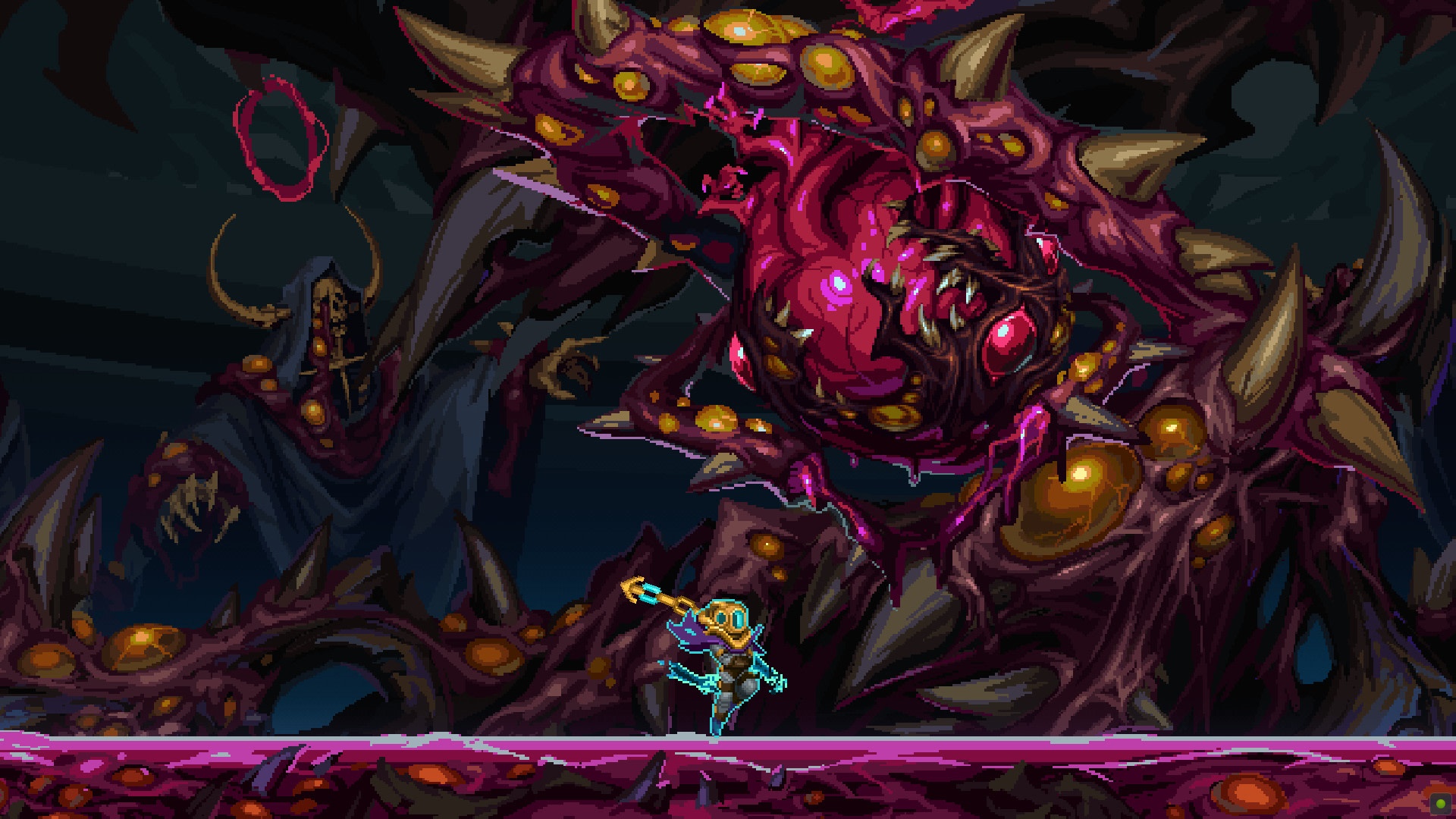 Character fighting a large monster and a grim reaper figure HD Wallpaper