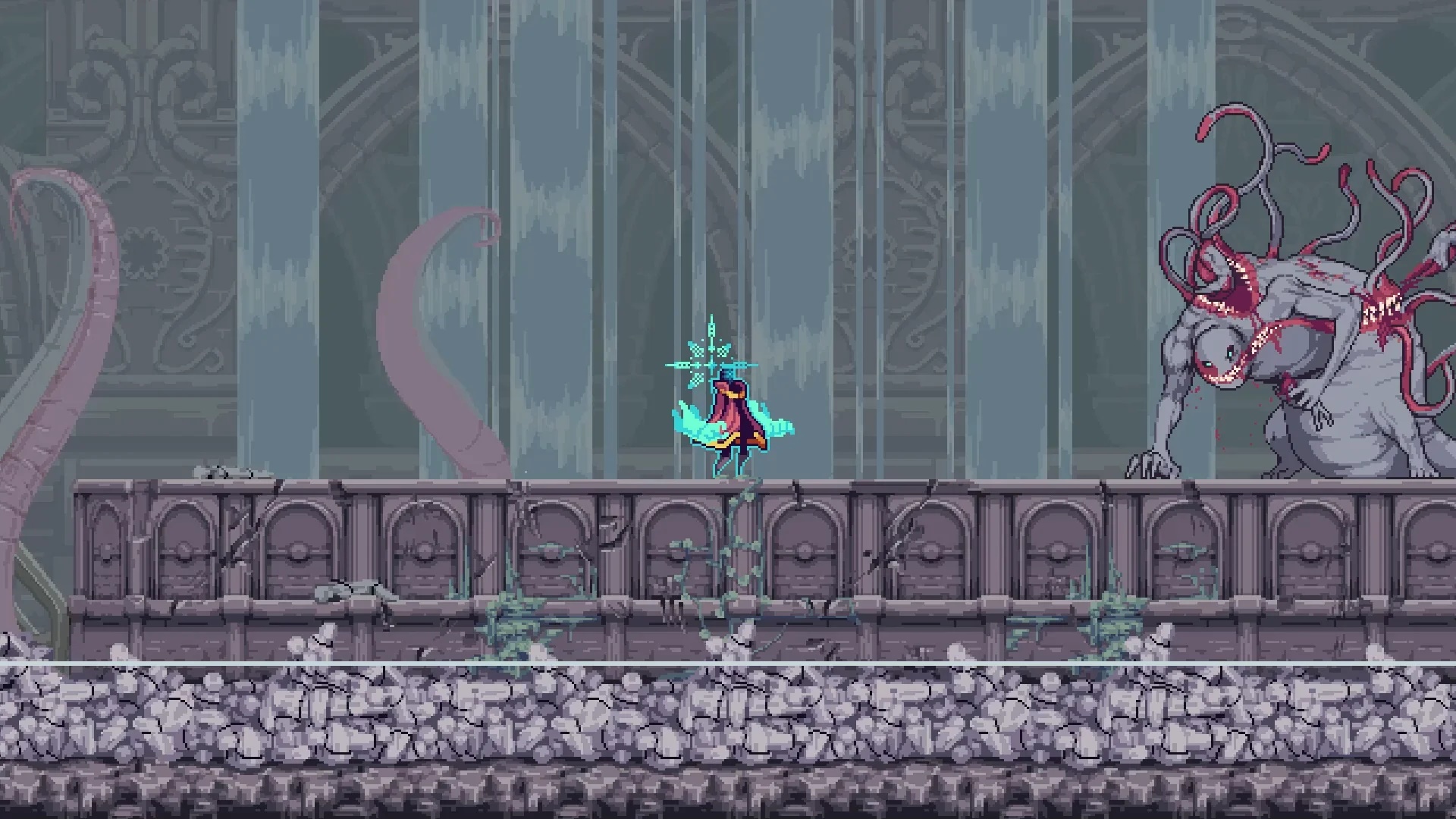Character fighting a monster in a ruined temple HD Wallpaper