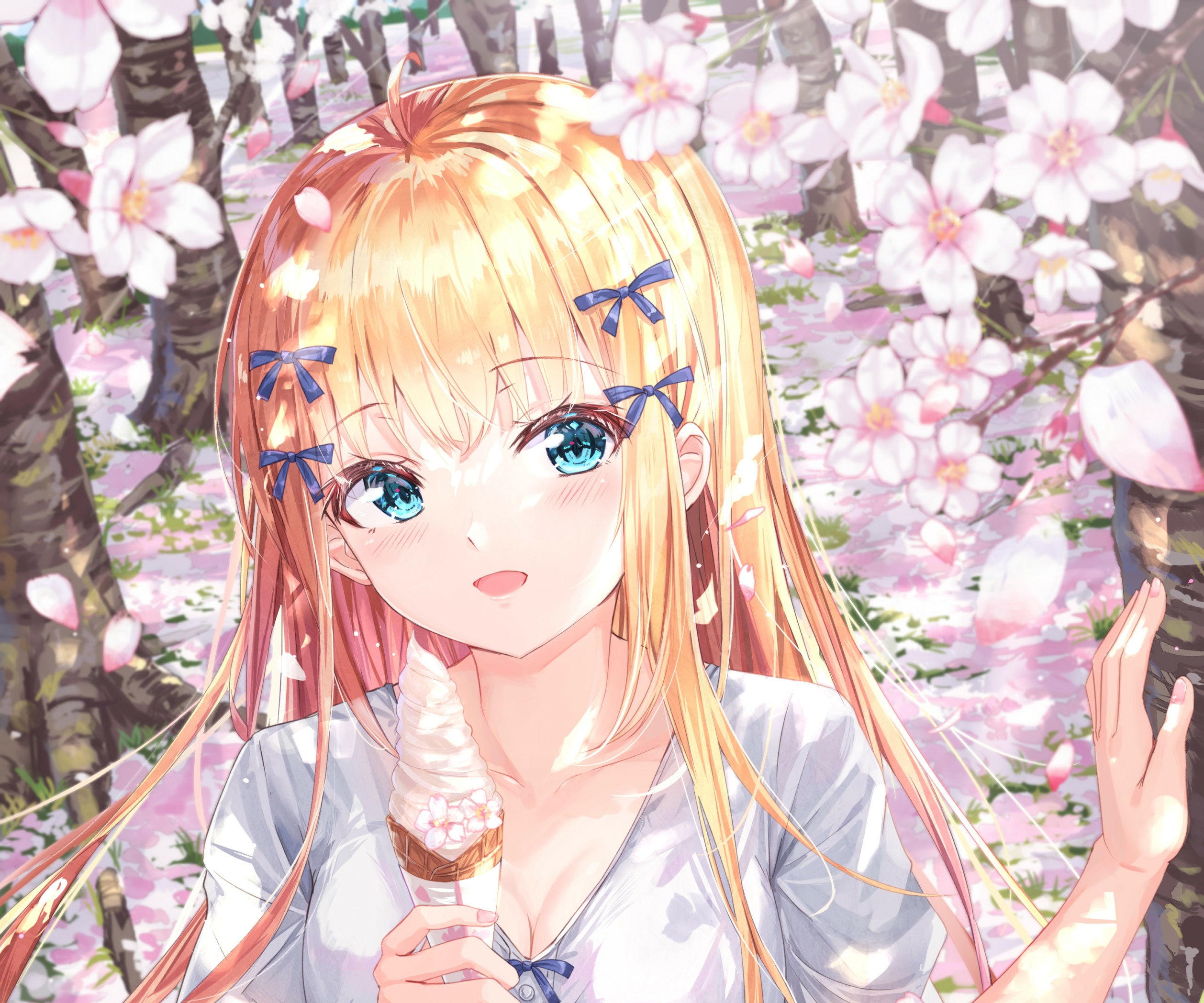 Anime girl with blonde hair eating ice cream HD Wallpaper